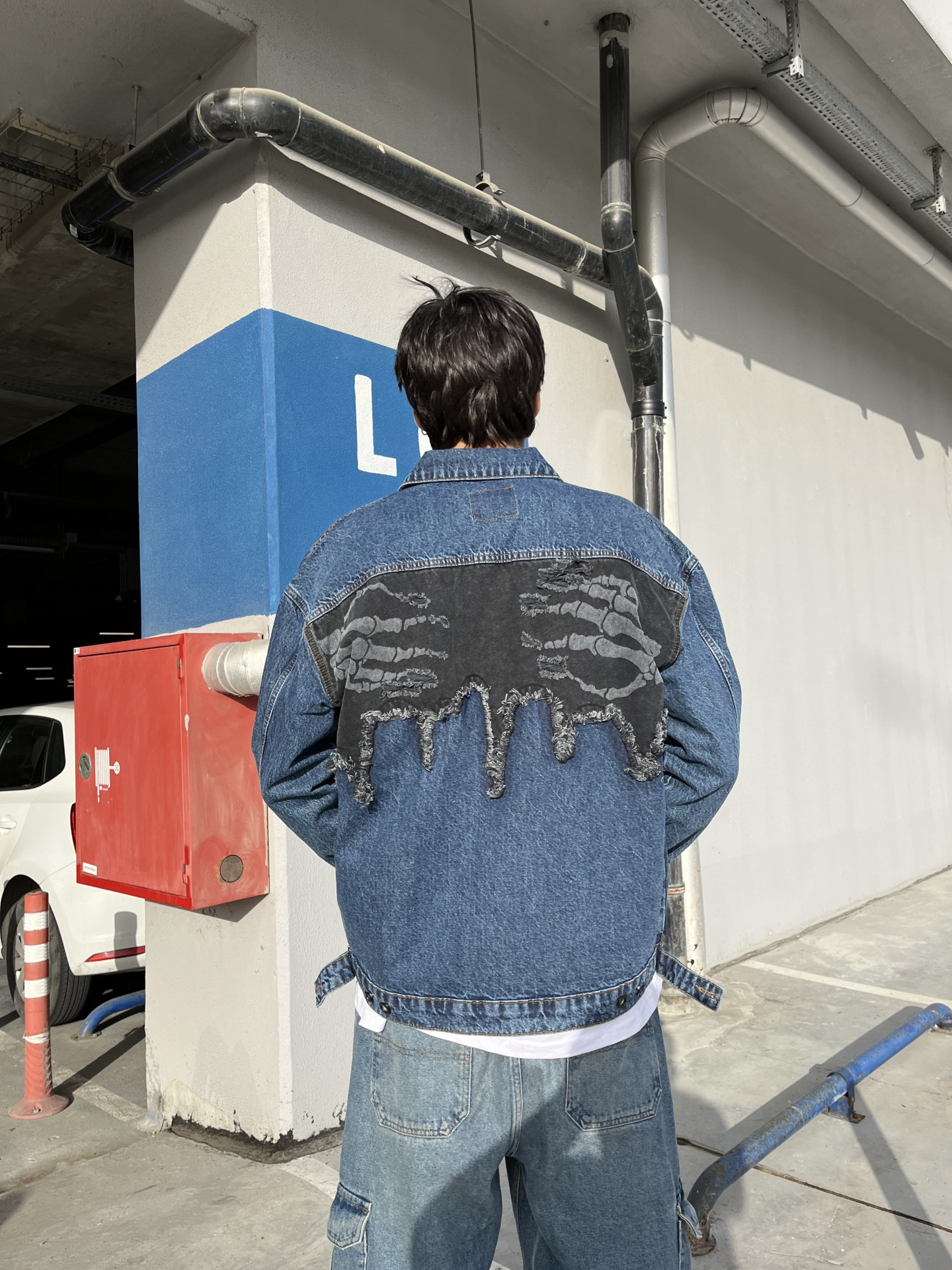 Hand Back Print Blue Denim Ceket