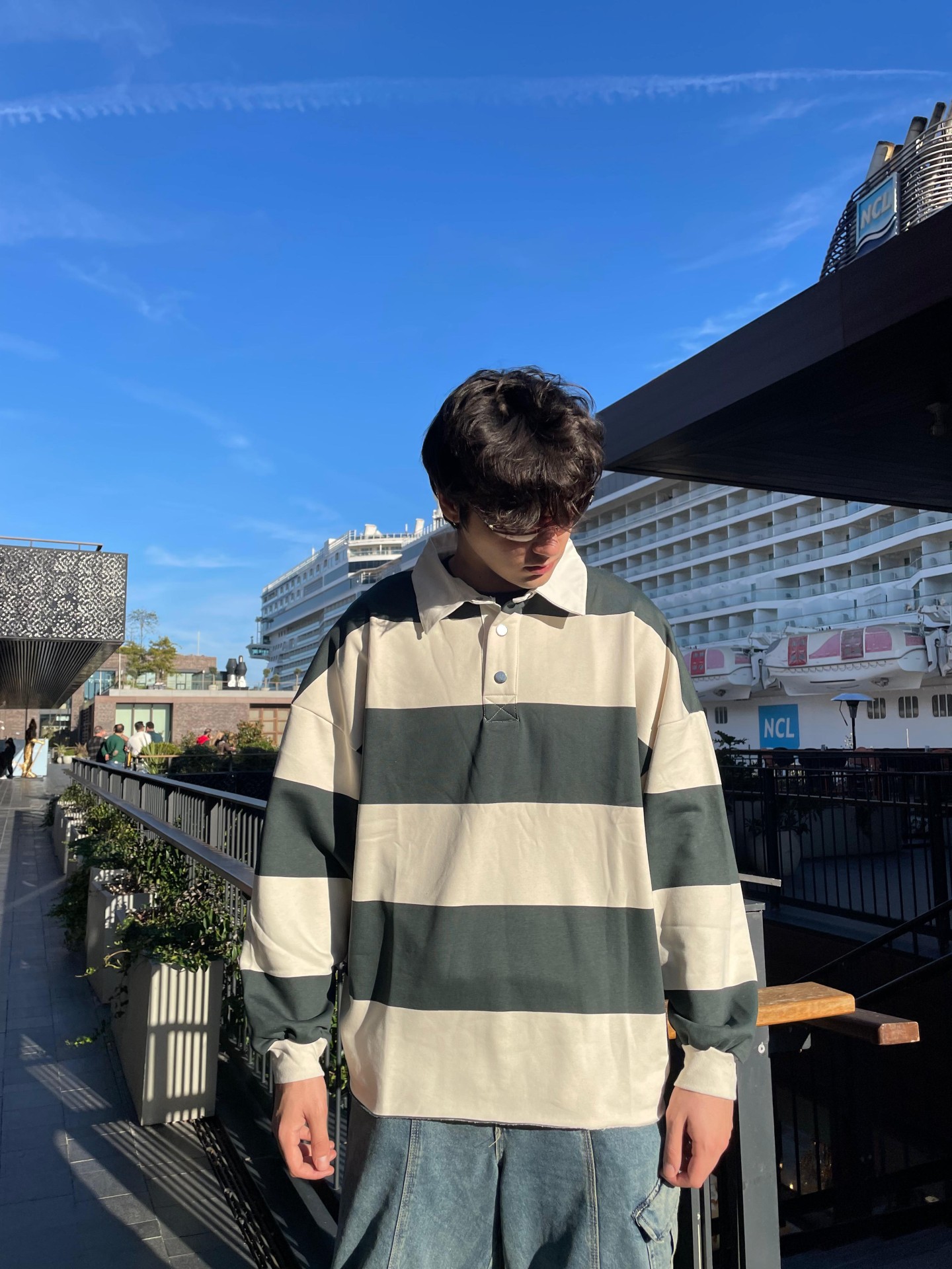 Yeşil Çizgili Polo Yaka Oversize Sweatshirt