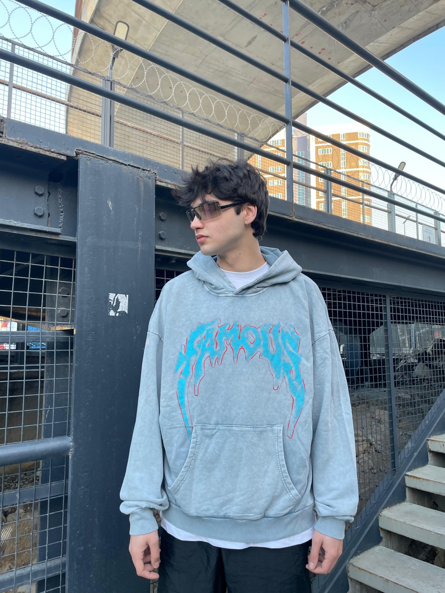 Famous Print Acid Wash Hoodie 