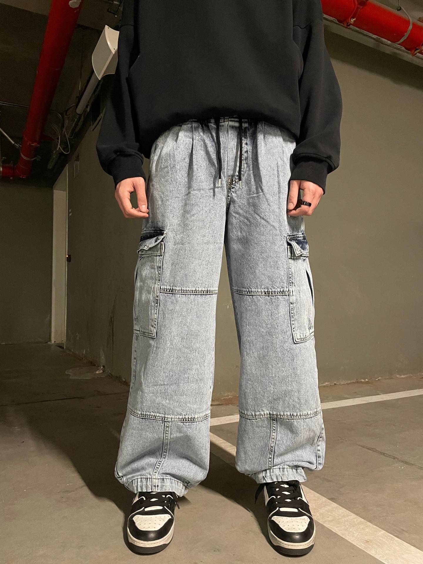 Beli Lastikli Kargo Cepli Blue Baggy Jean 