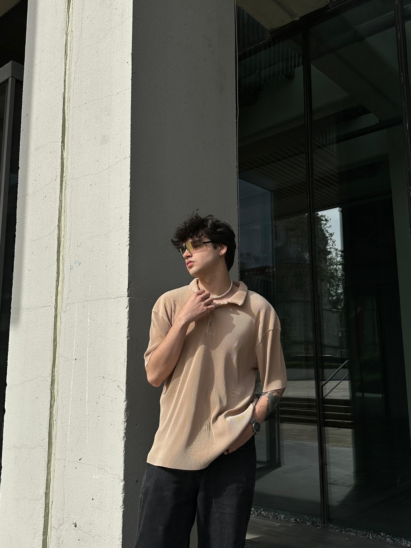 Bej Polo Yaka Pileli T-shirt