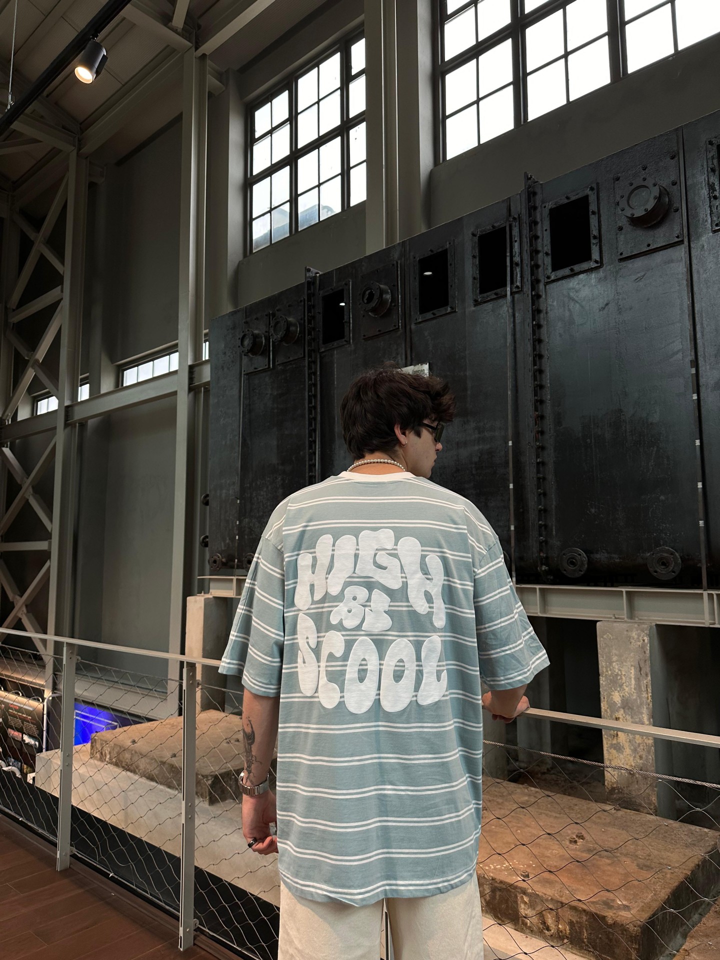 High By Scool Print Mavi Çizgili Tshirt