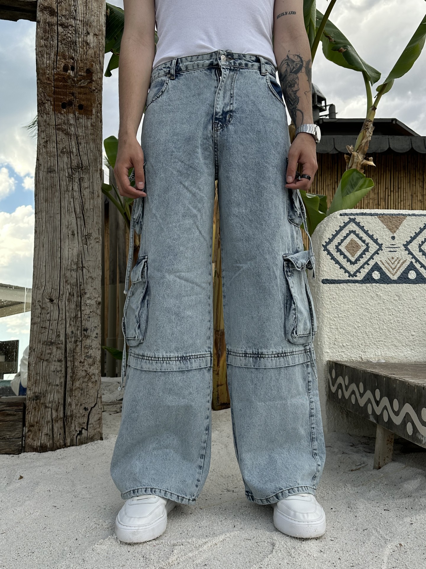 Kargo Cepli Mavi Baggy Pantolon	