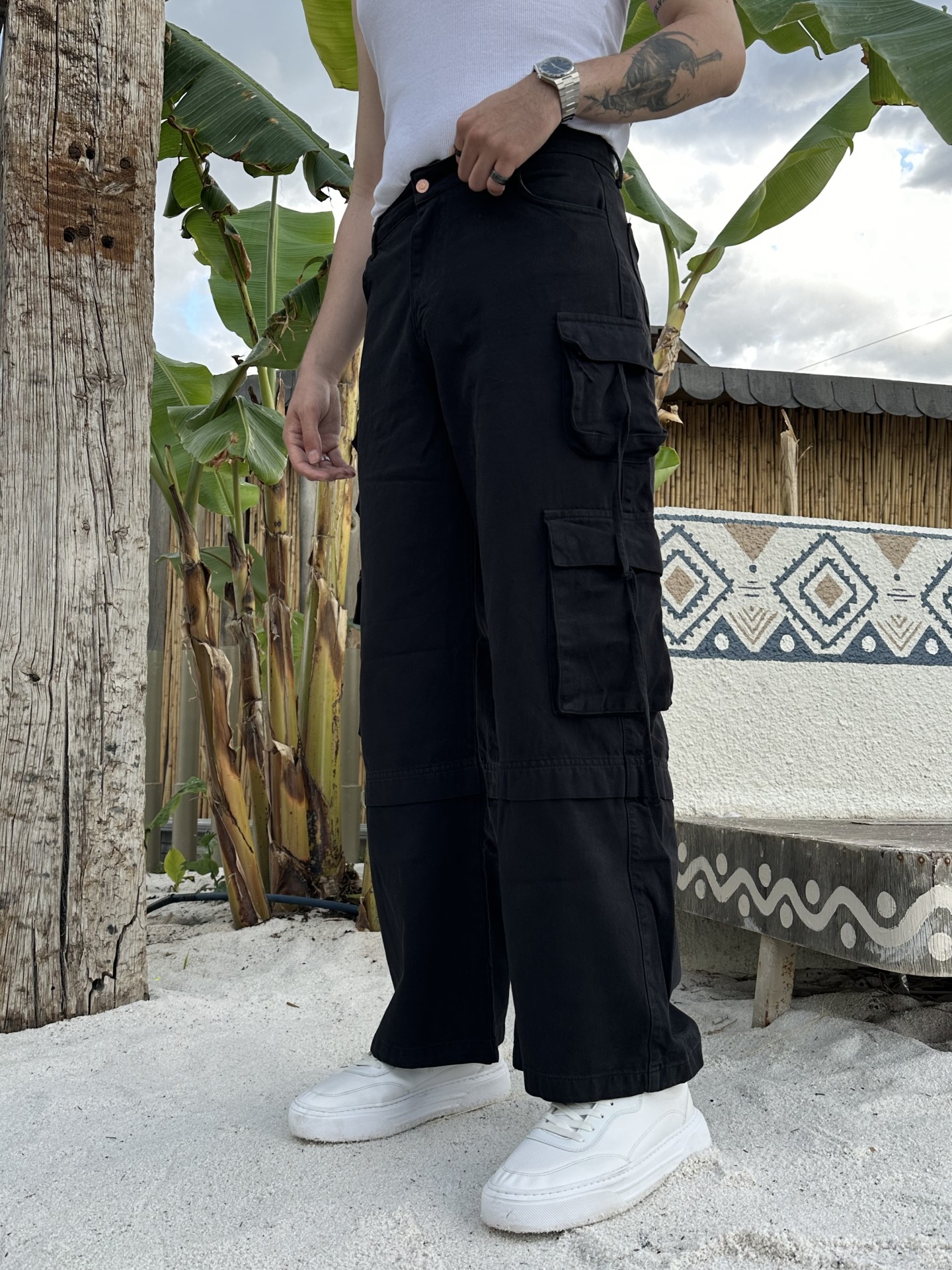 Kargo Cepli Siyah Baggy Pantolon