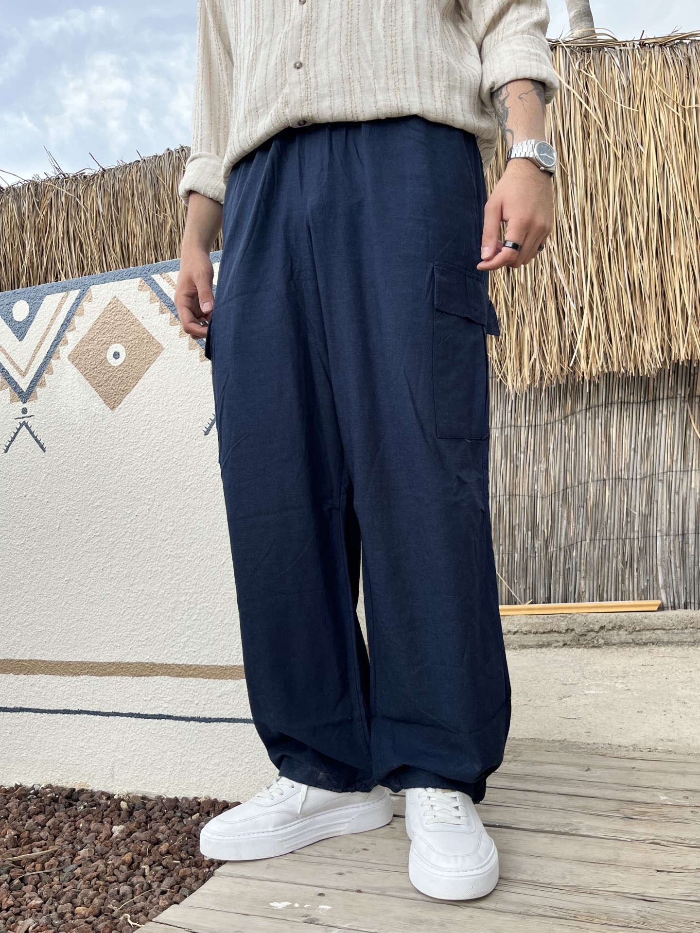Linen Collection Cargo Cepli Lacivert Keten Pantalon 