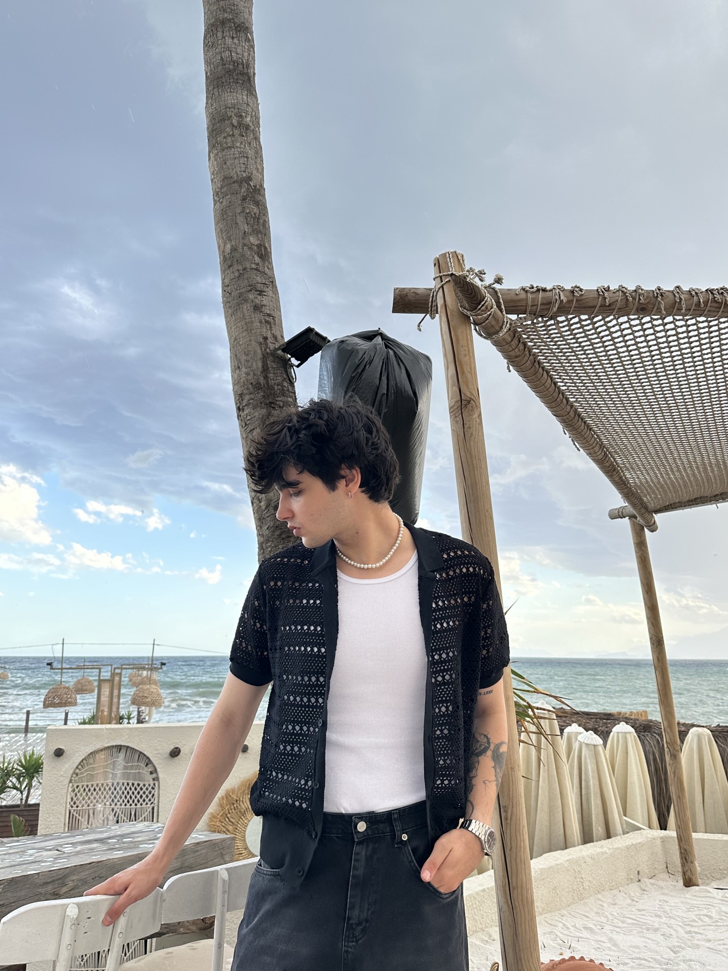 Linen Collection Örme Siyah File Gömlek 