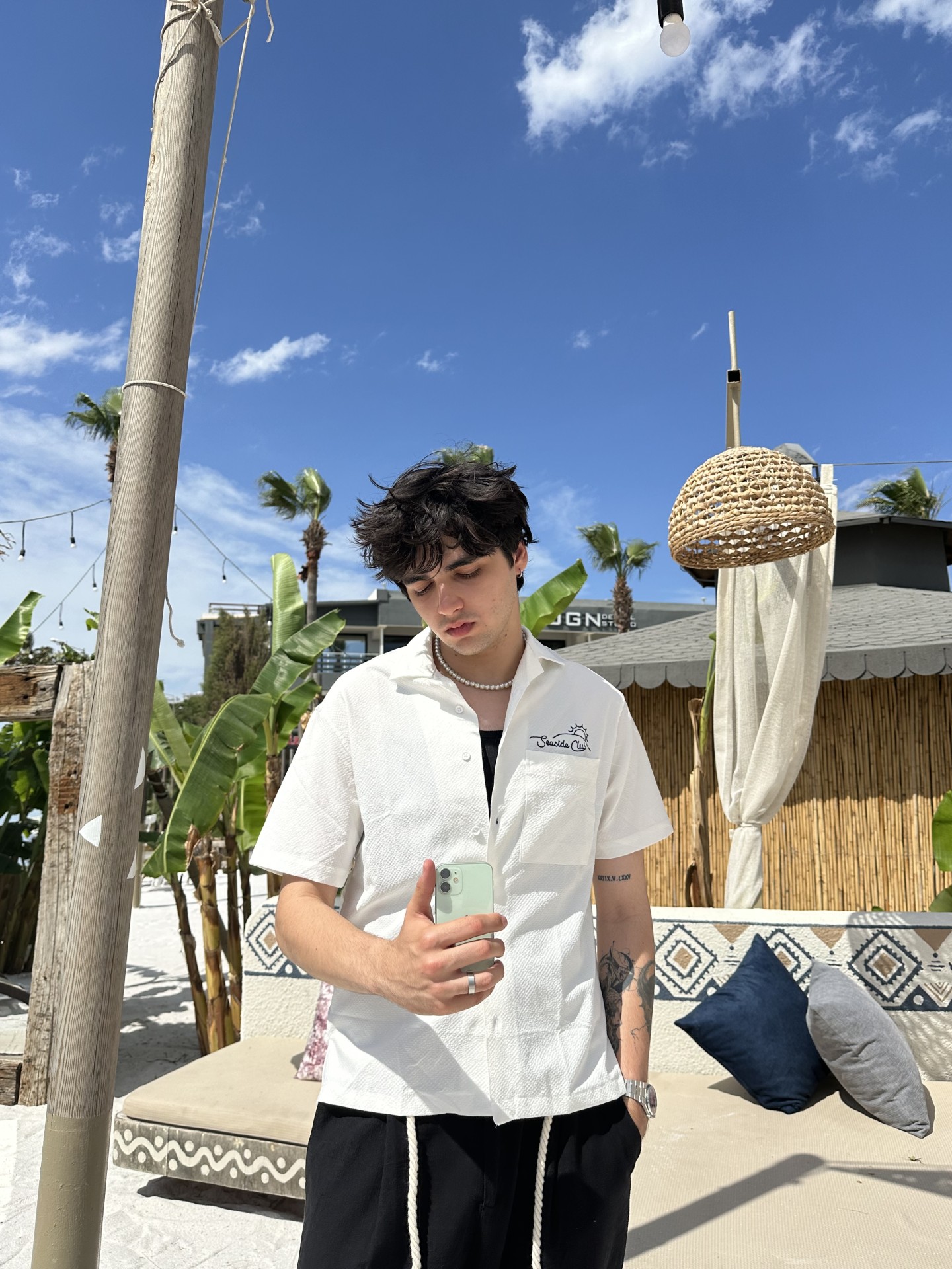 Linen Collection Seaside Nakışlı Beyaz Gofre Kumaş Gömlek 