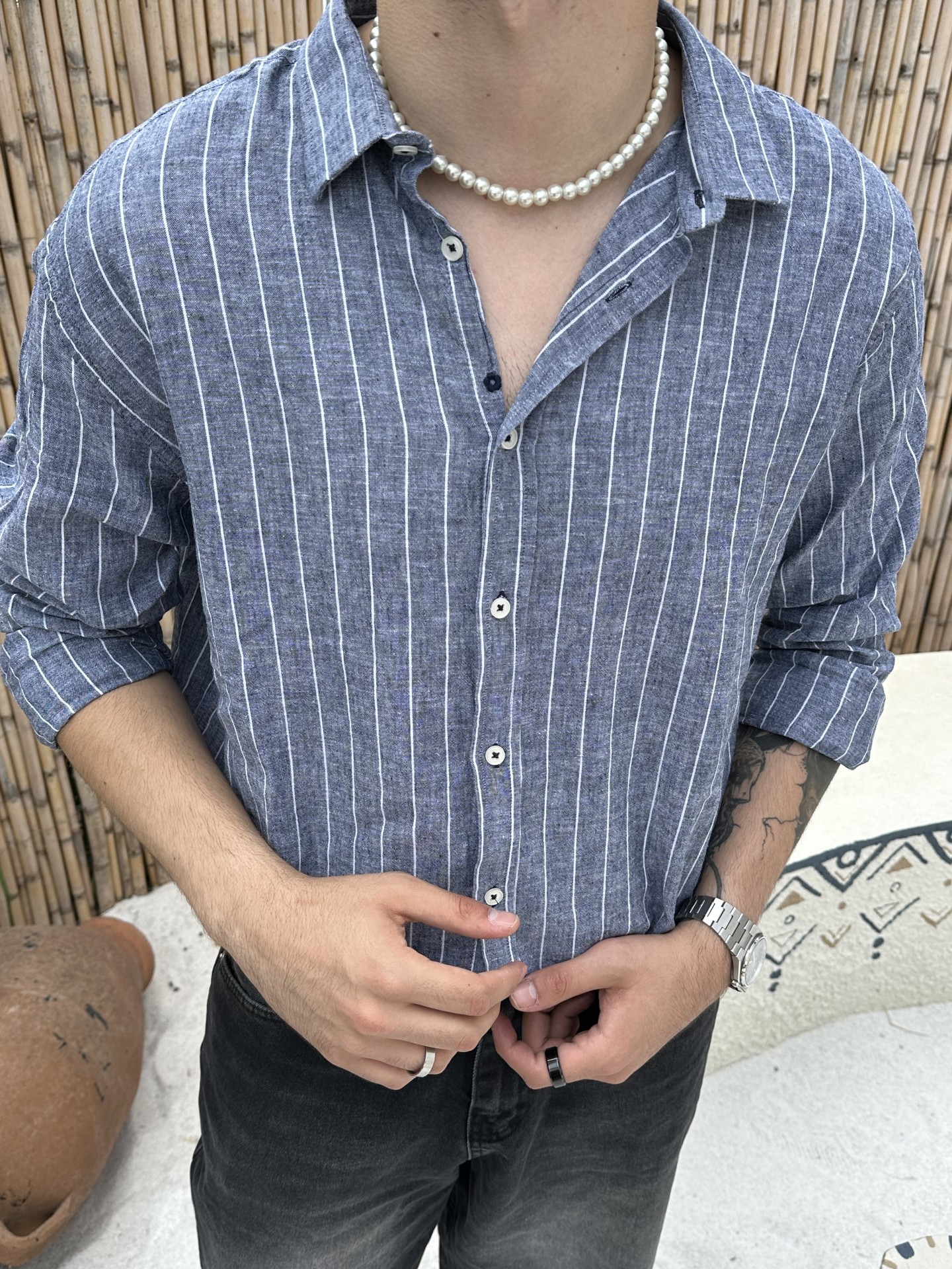 Old Money Mavi Beyaz Çizgili Keten Gömlek 