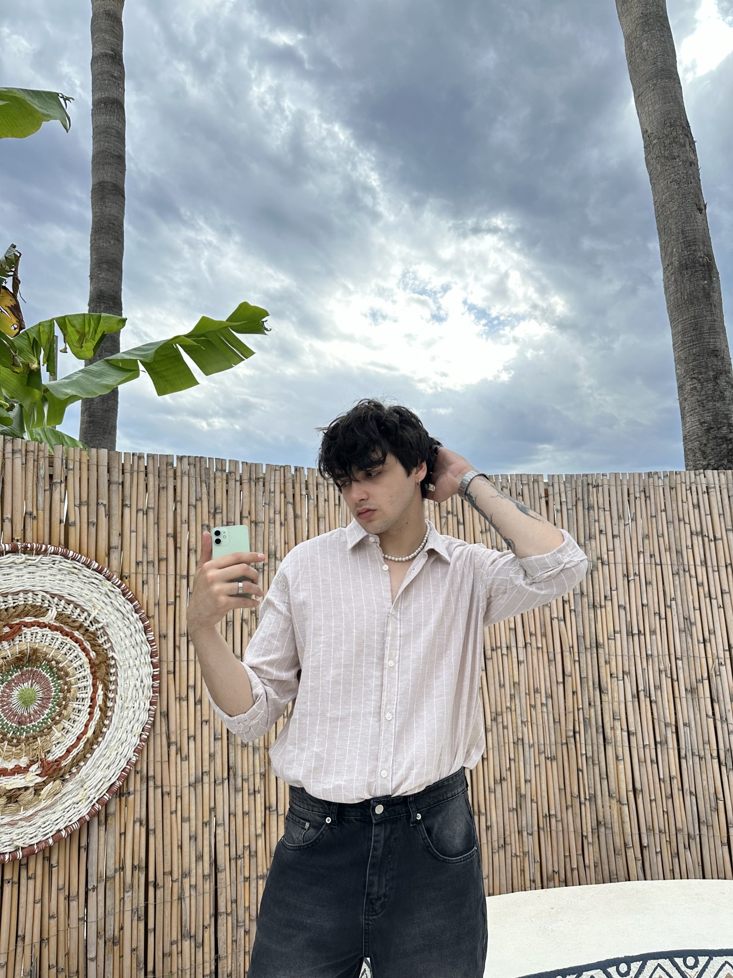 Old Money Bej Beyaz Çizgili Keten Gömlek 