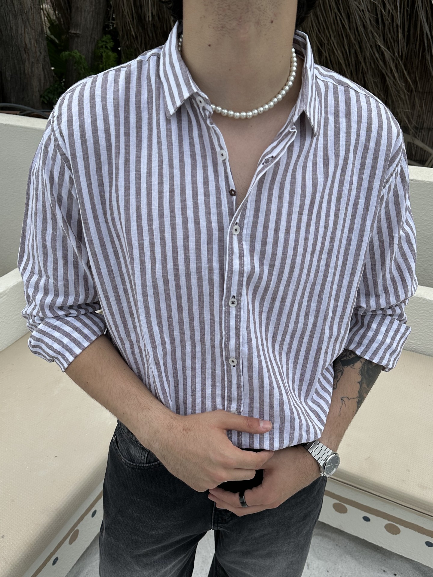 Old Money Kalın Kahverengi Çizgili Gömlek 