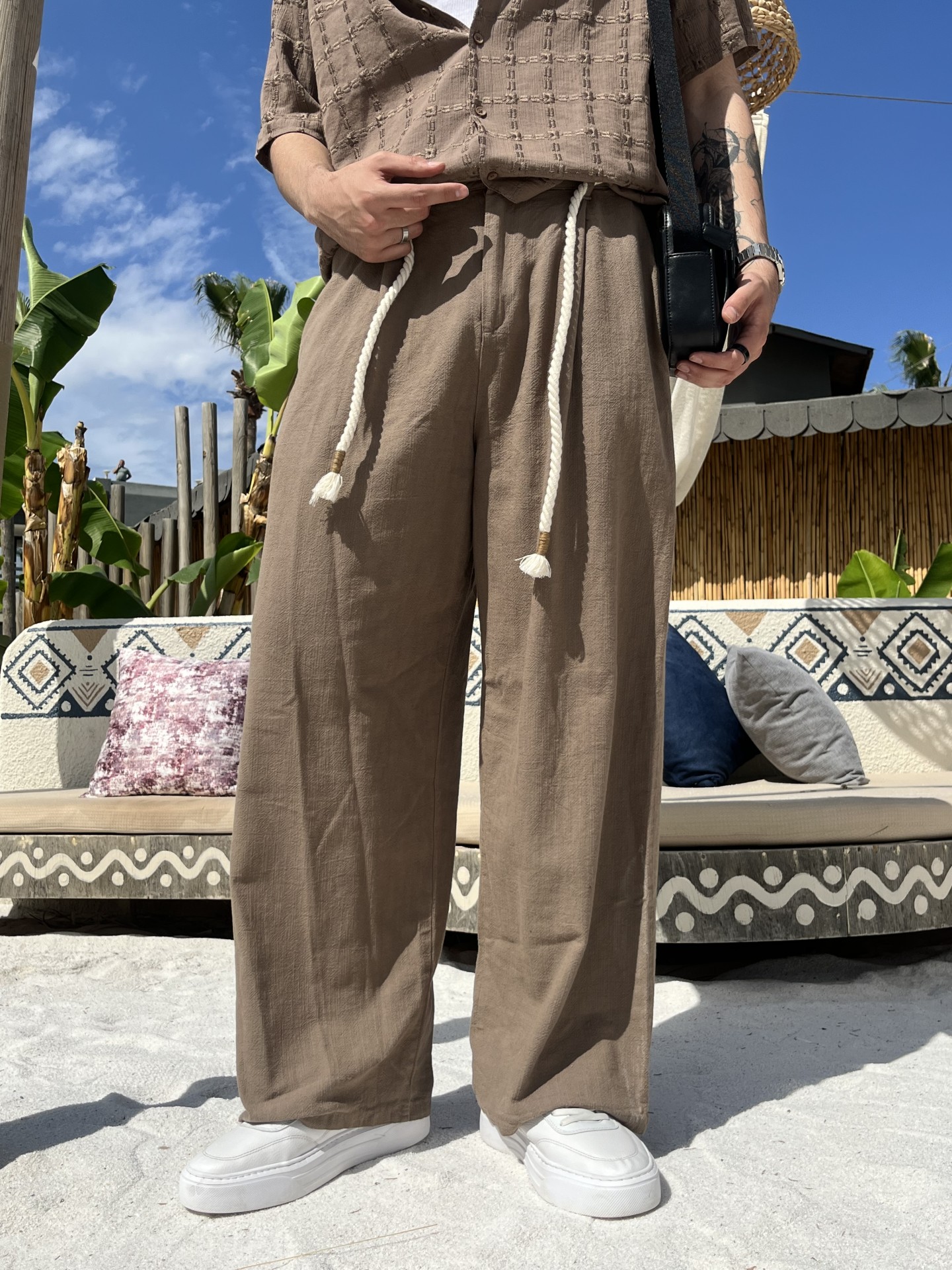 Linen Collection Kordonlu Kahverengi Keten Kumaş Pantalon