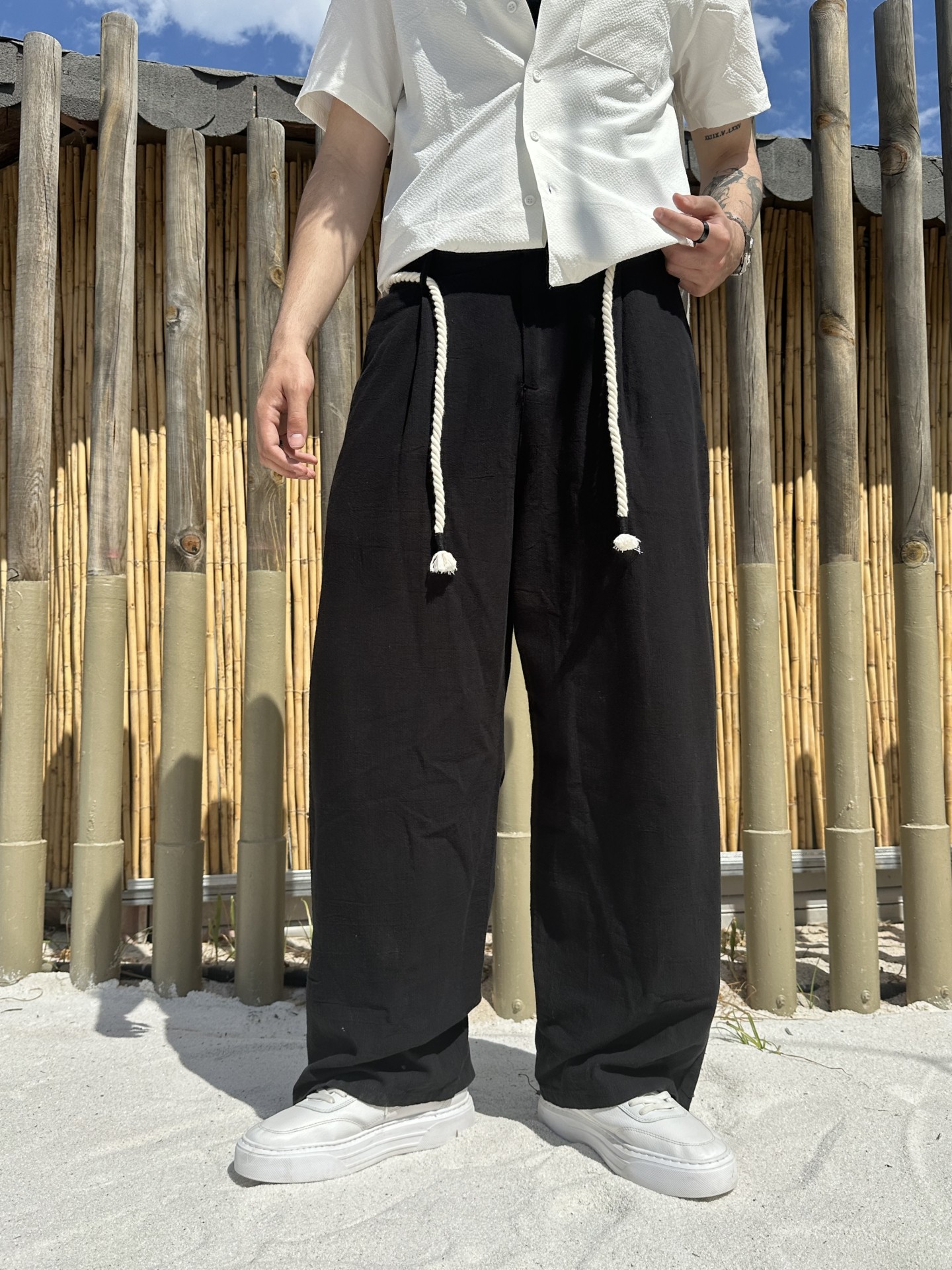 Linen Collection Kordonlu Siyah Keten Kumaş Pantalon