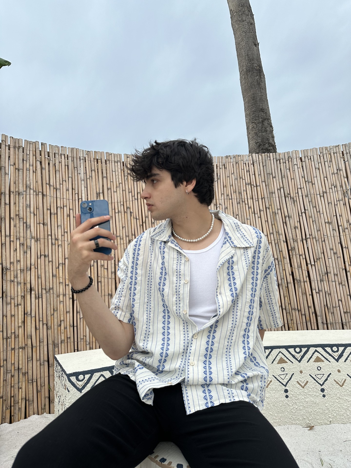 Linen Collection Etnik Desen Mavi Keten Gömlek 