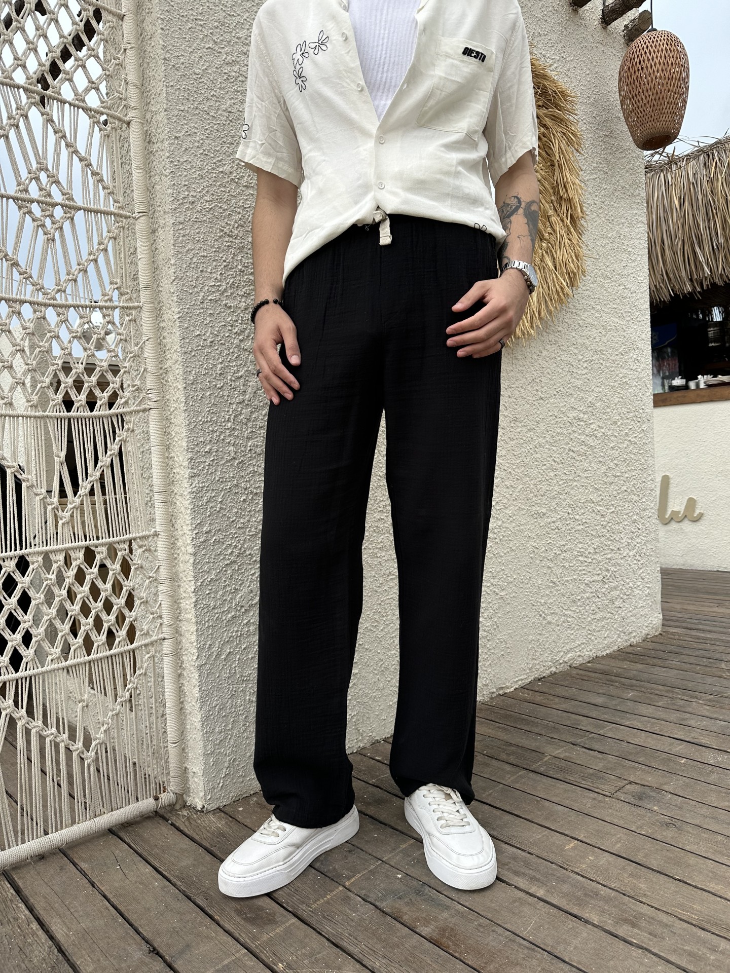 Linen Collection Siyah Baggy Keten Pantalon	