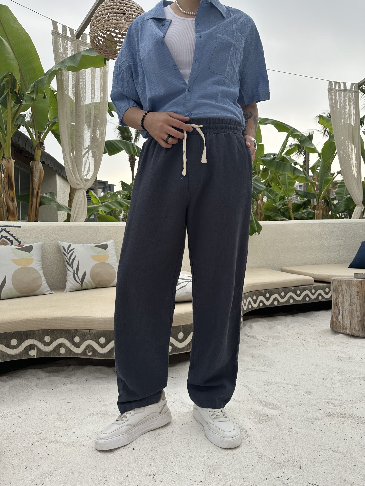 Linen Collection Lacivert Baggy Keten Pantalon	