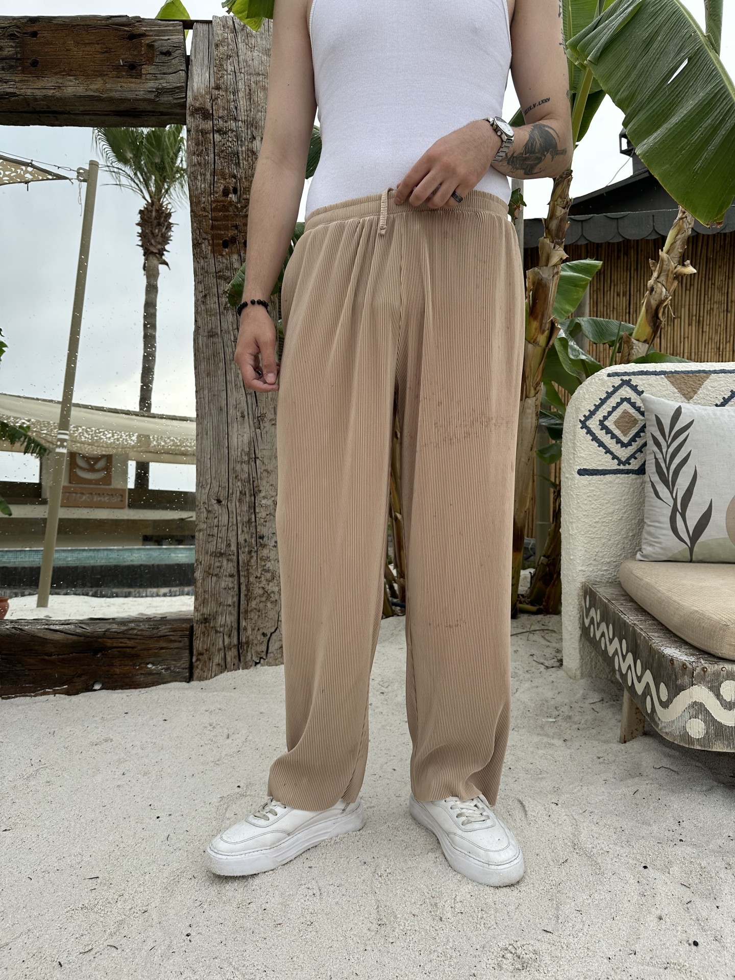 Bej Pileli Baggy Pantalon 