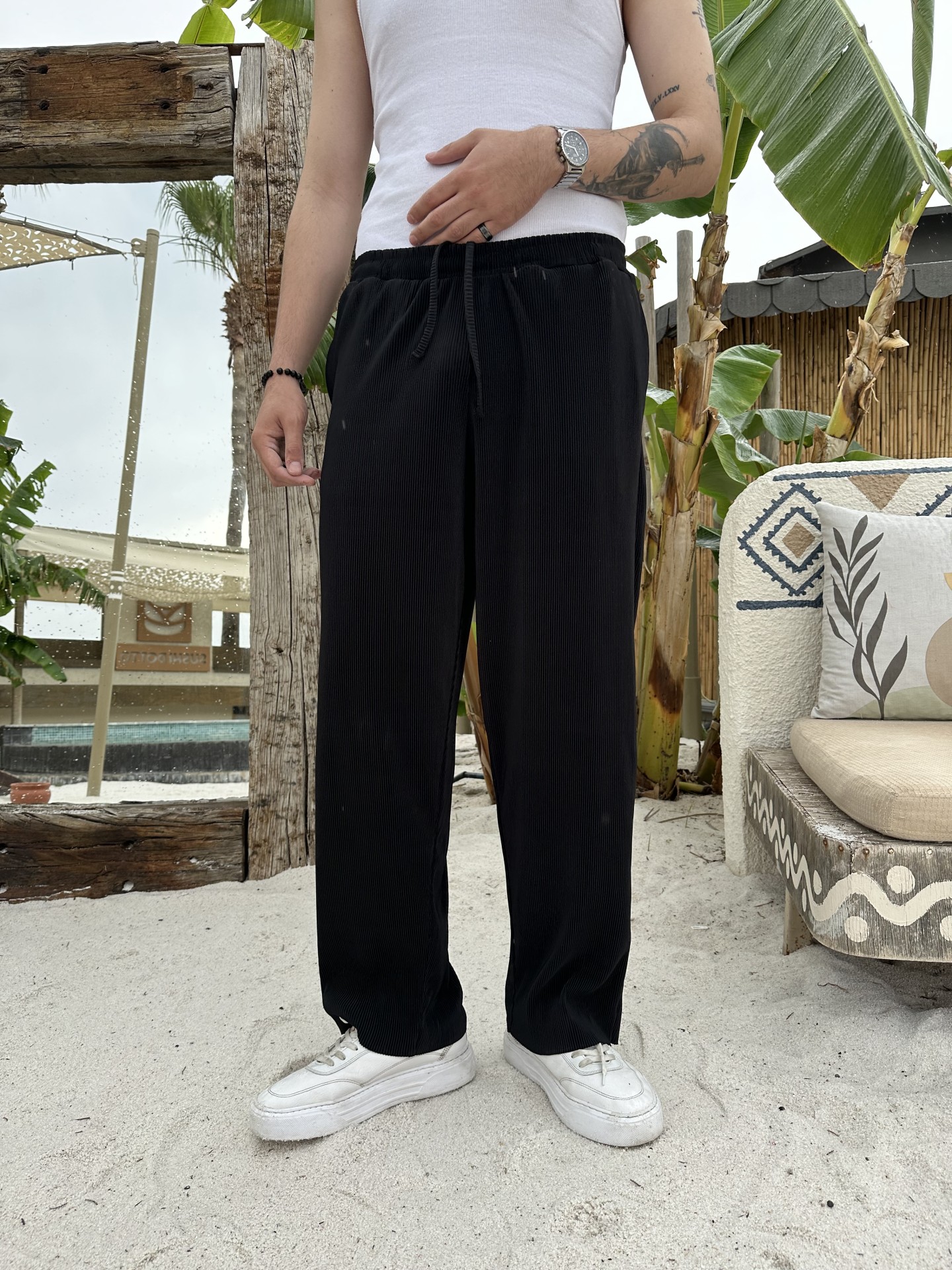 Siyah Pileli Baggy Pantalon 