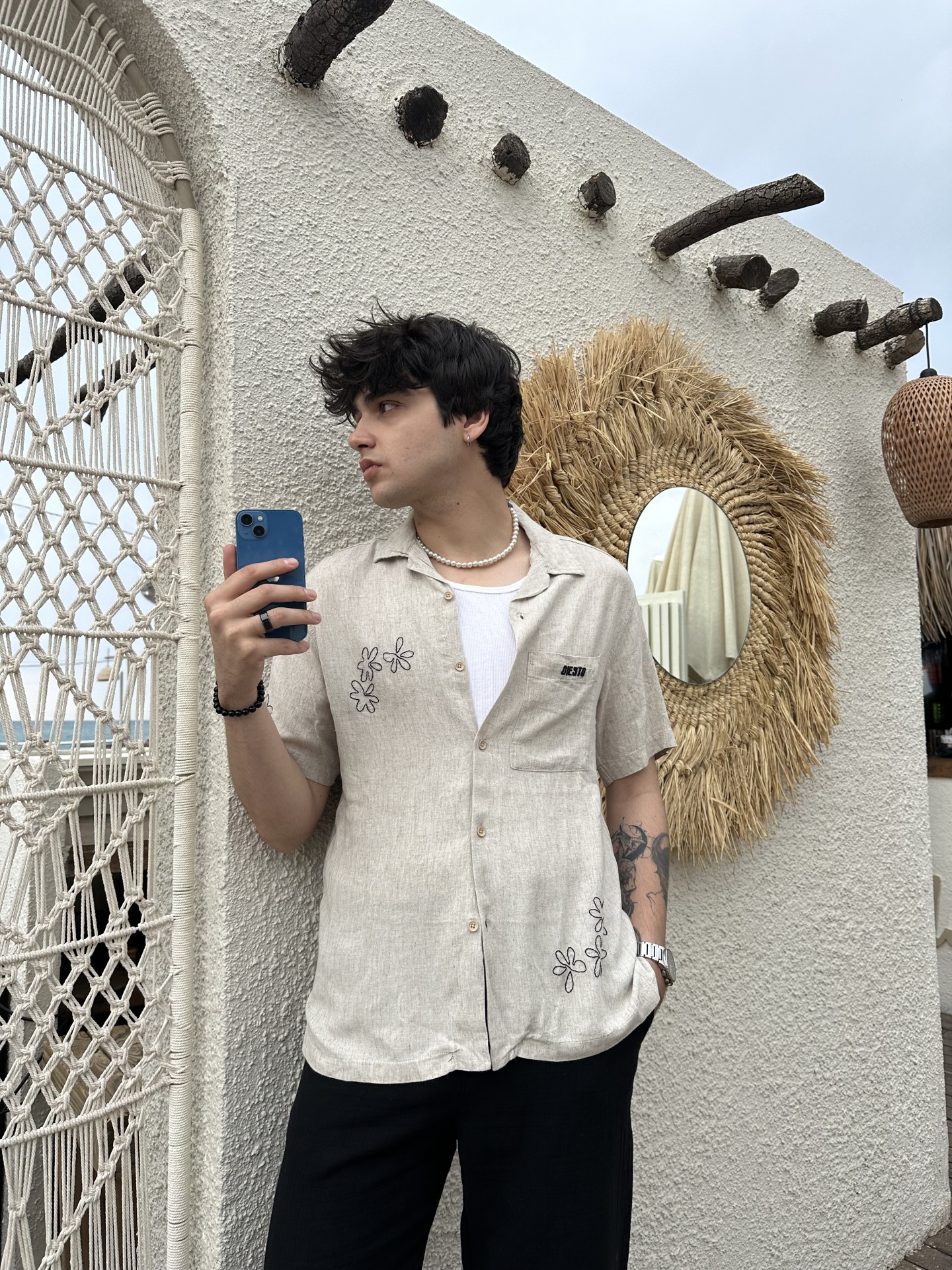 Summer Collection Flowers Nakış Gri Keten Gömlek	