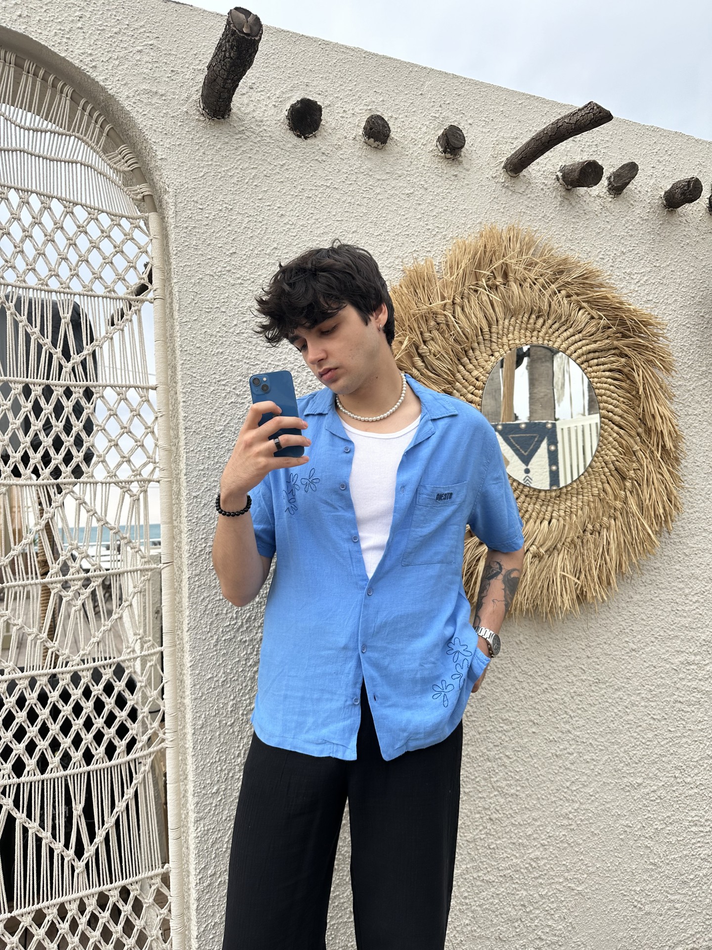 Summer Collection Flowers Nakış Mavi Keten Gömlek	