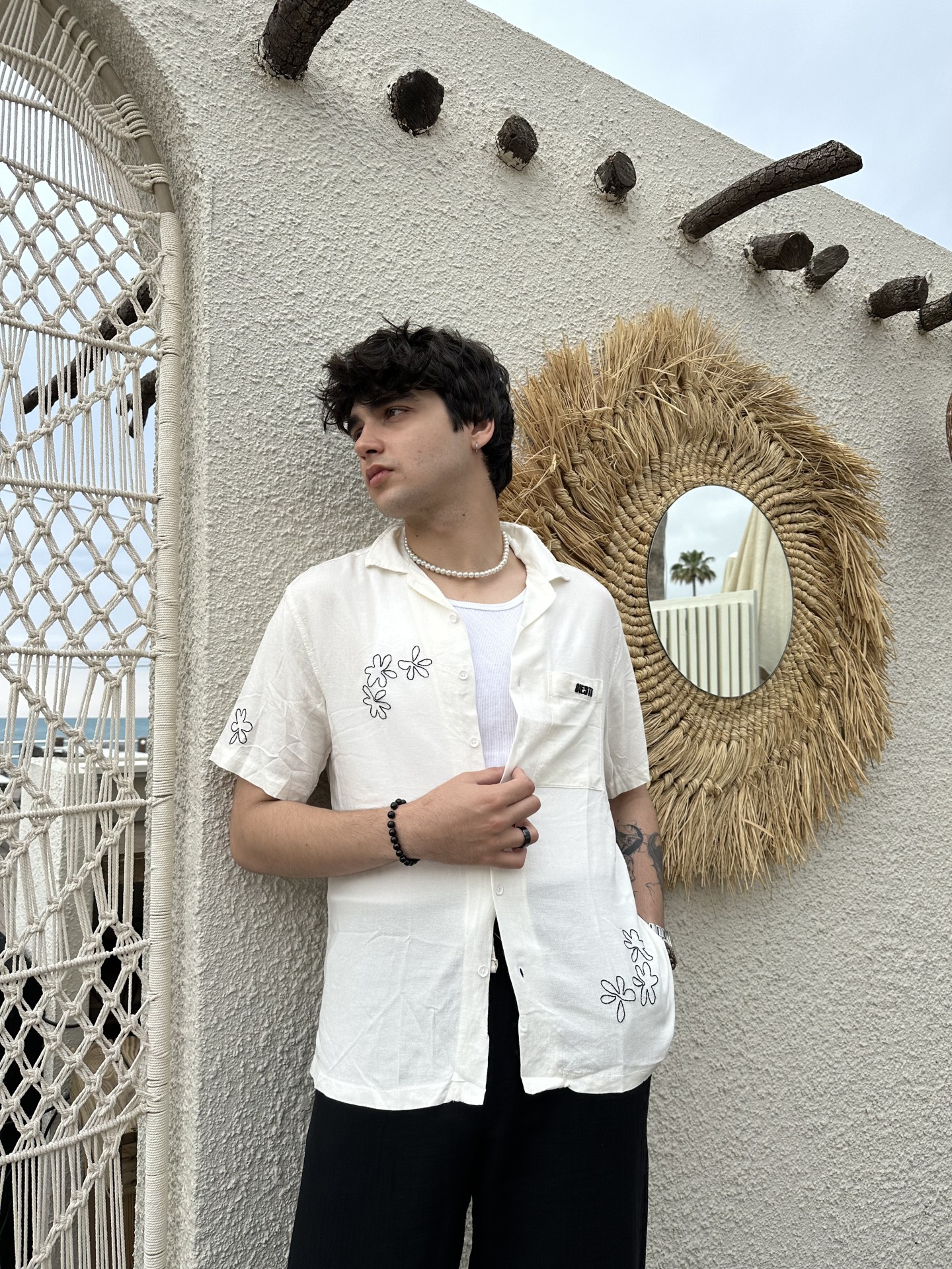 Summer Collection Flowers Nakış Beyaz Keten Gömlek 