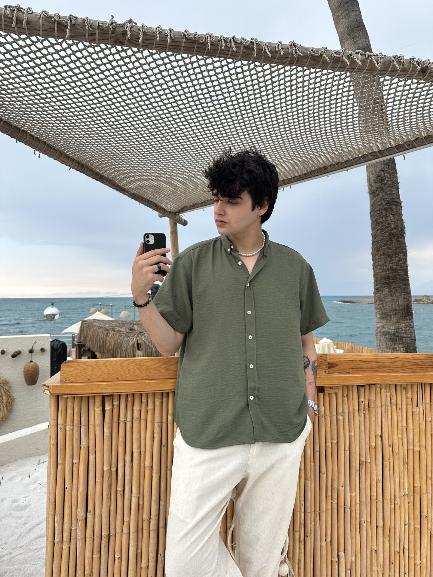 Old Money Kısa Kollu Haki Keten Gömlek 