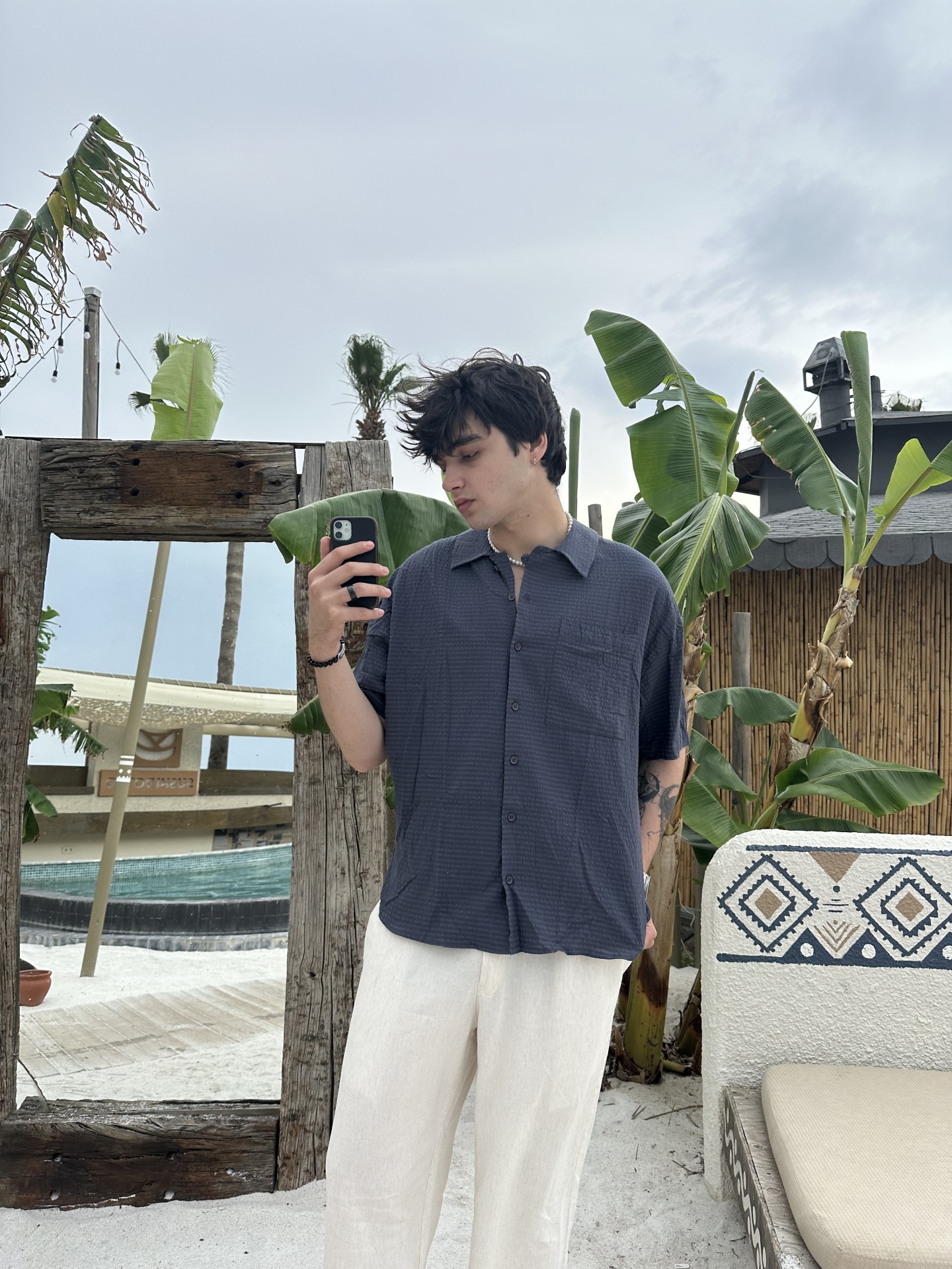 Linen Collection Kısa Kollu Antrasit Gofre Kumaş Gömlek 