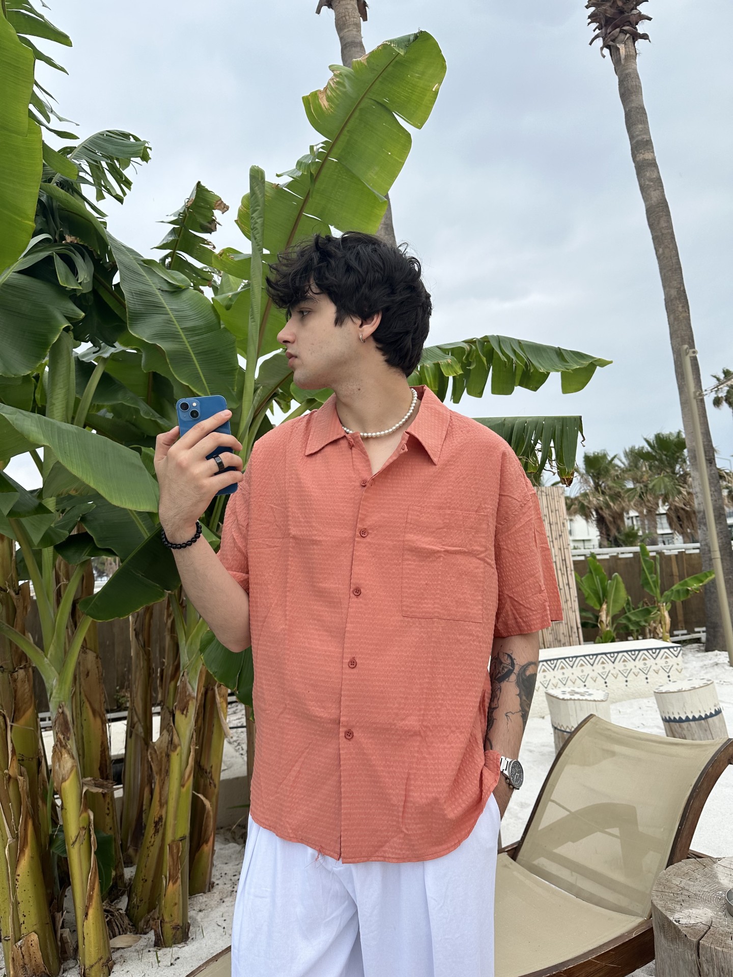 Linen Collection Kısa Kollu Cepli Kırmızı Gofre Kumaş Gömlek 