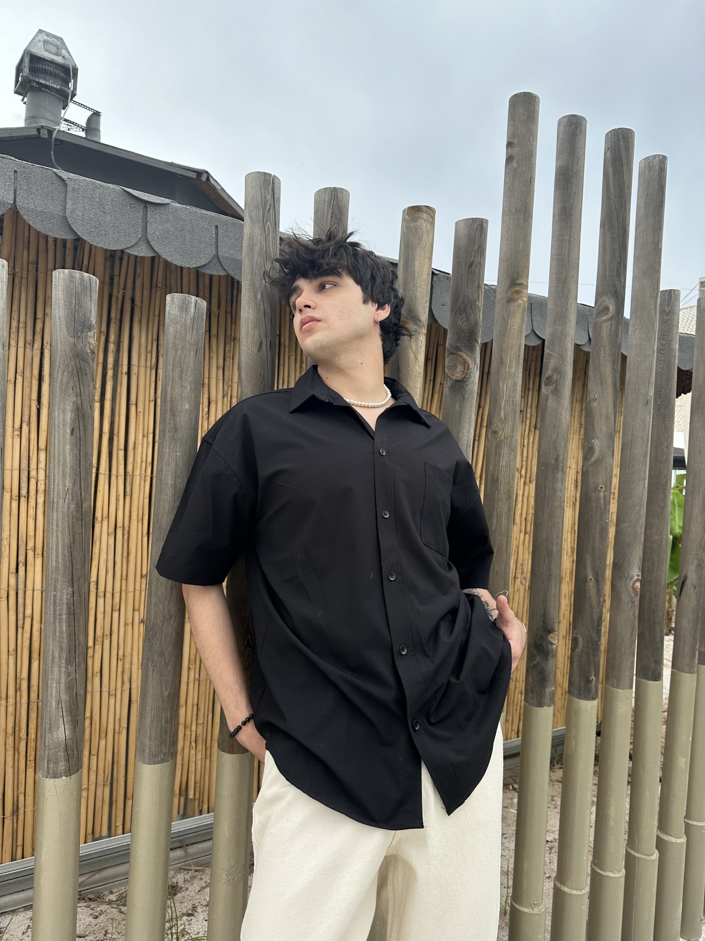 Summer Collection Siyah Cepli Kısa Kollu Keten Gömlek 