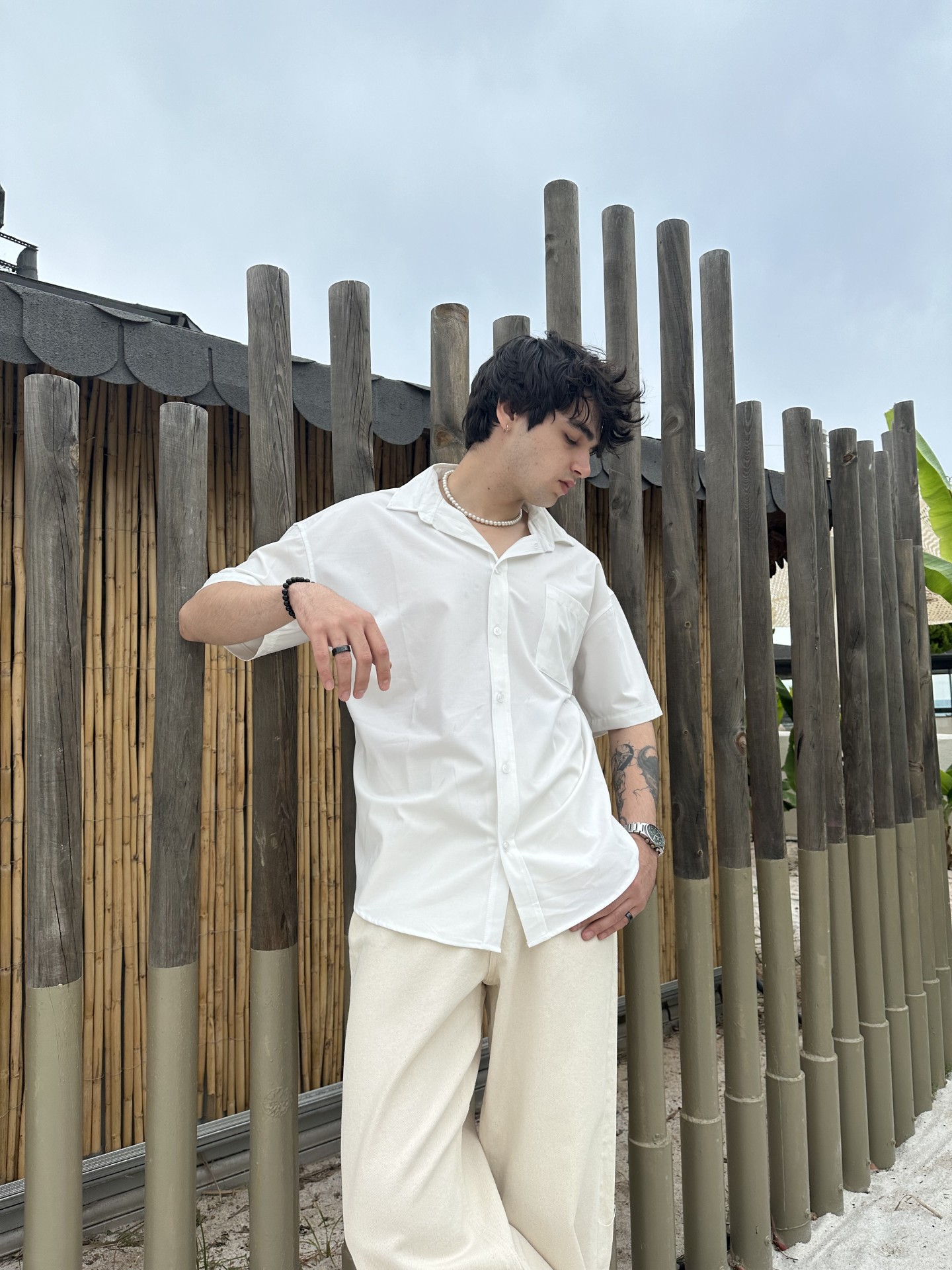 Summer Collection Beyaz Cepli Kısa Kollu Keten Gömlek 