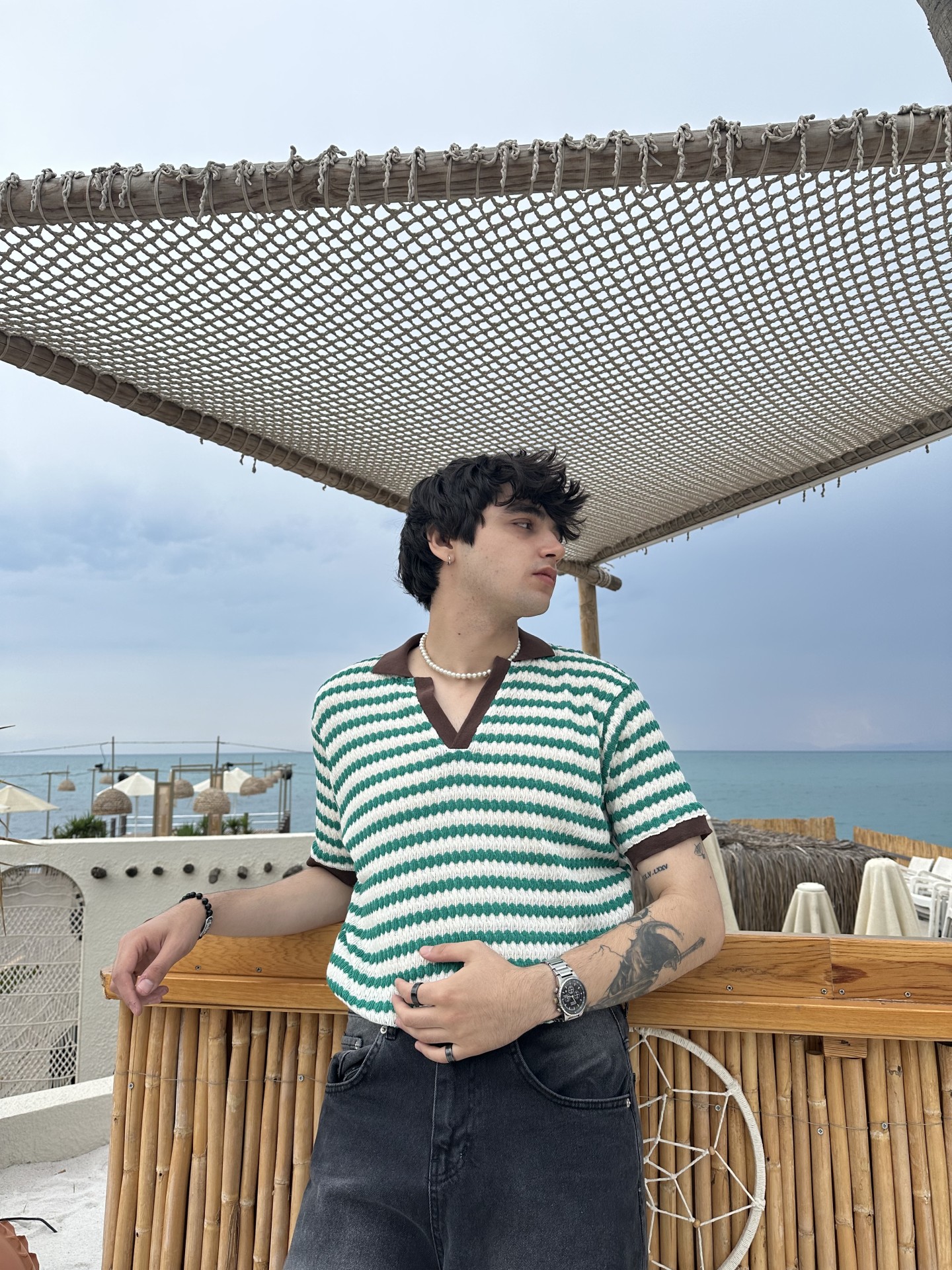 Linen Collection Yeşil Çizgili Triko Polo Yaka Tshirt 