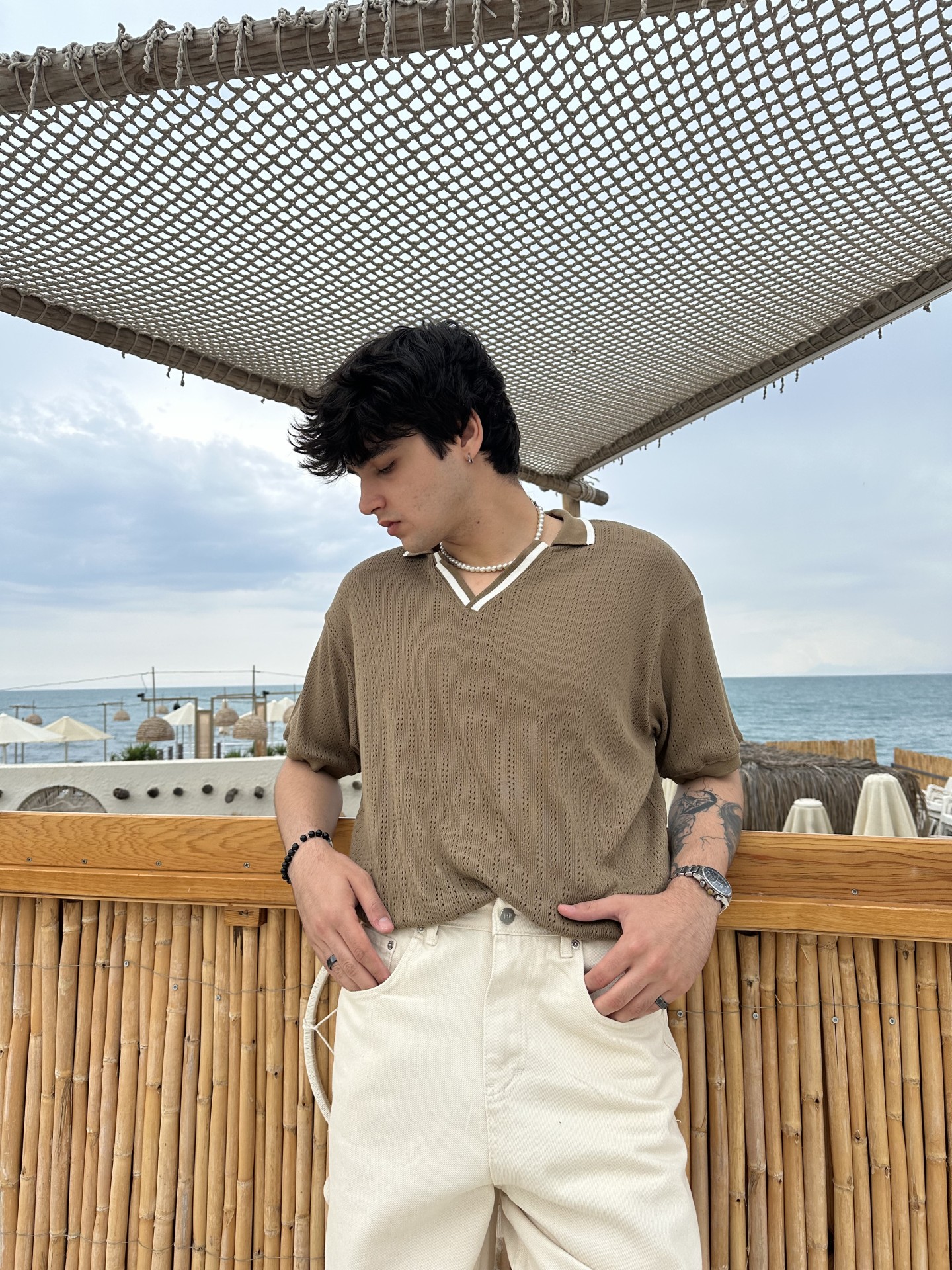 Linen Collection Kahverengi Polo Yaka Triko Tshirt	