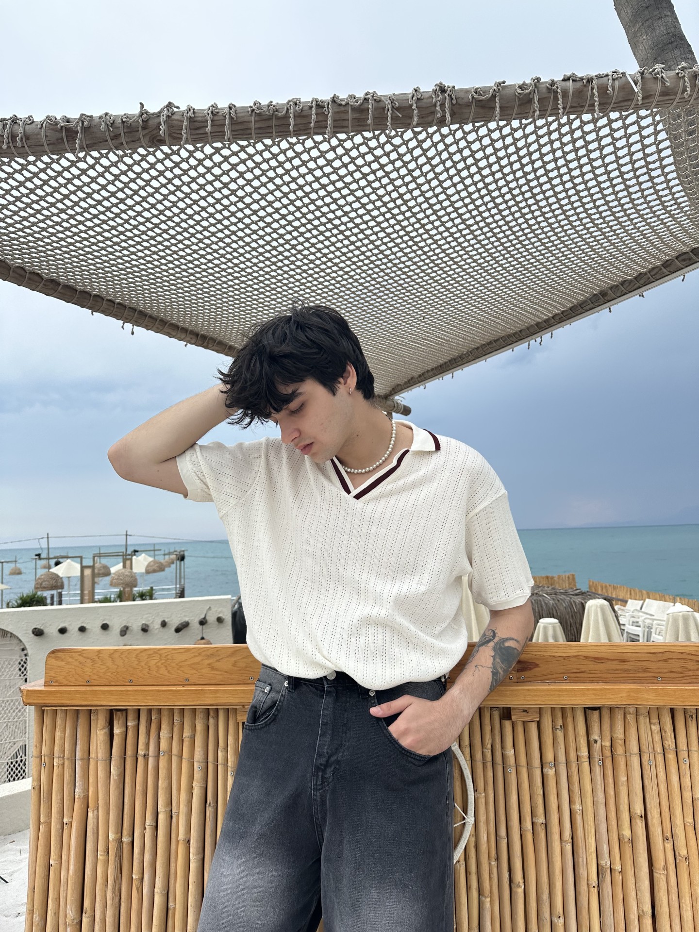 Linen Collection Siyah Çizgi Detay Beyaz Polo Yaka Tshirt