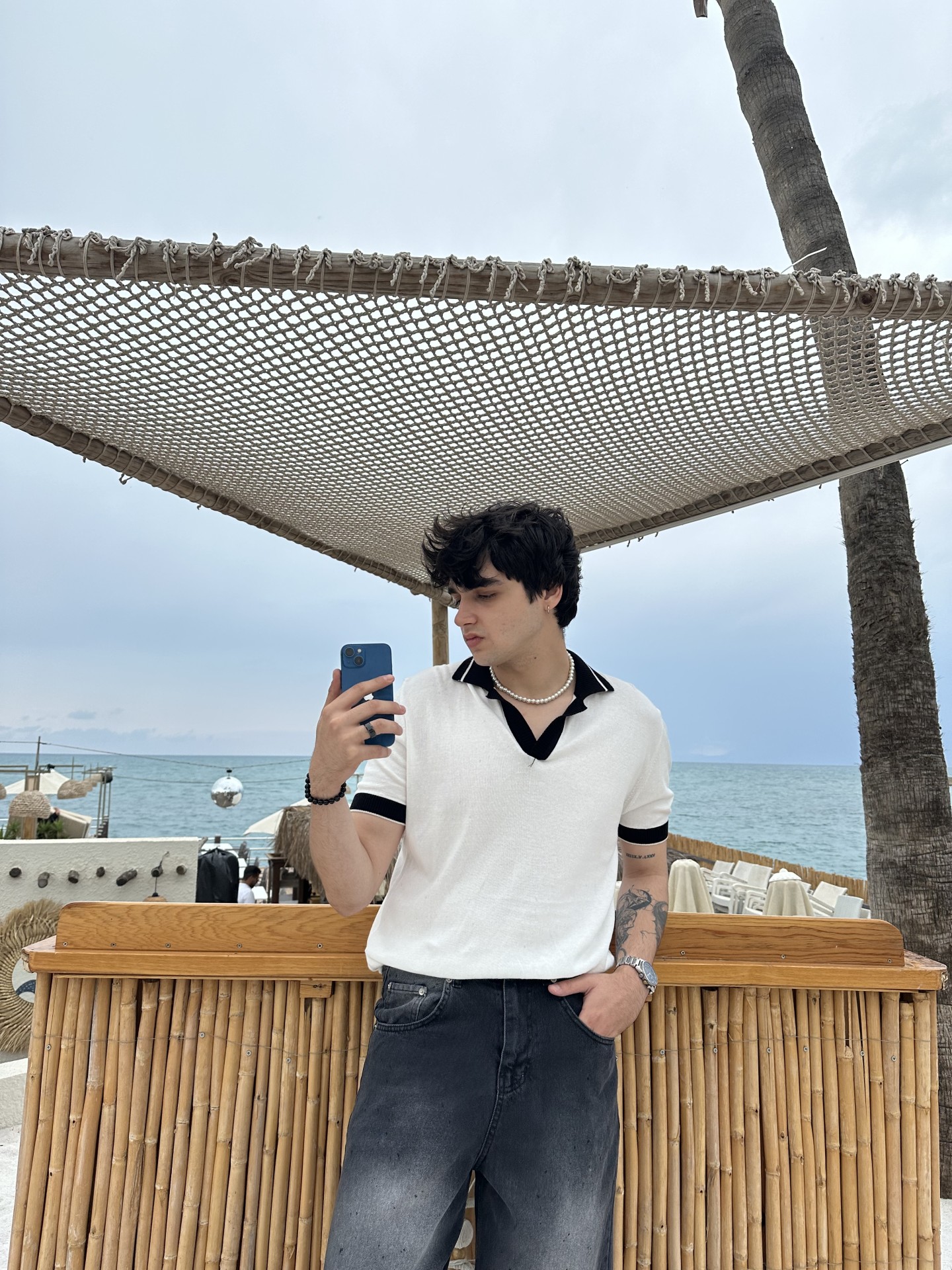 Linen Collection Siyah Polo Yaka Detay Beyaz Tshirt 