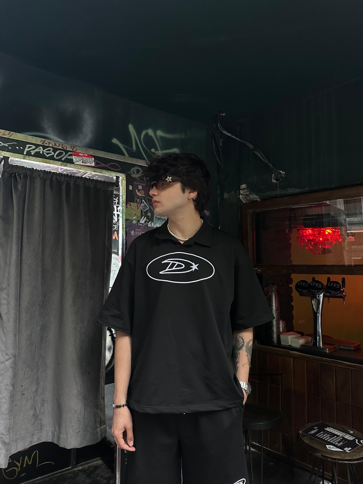 D Star Nakışlı Siyah Tshirt