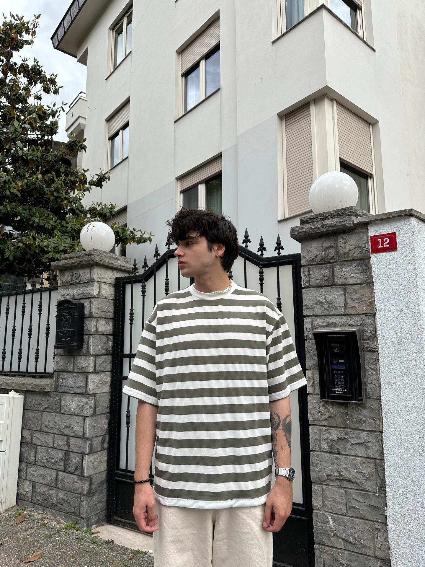 Haki Çizgili Oversize Tshirt 