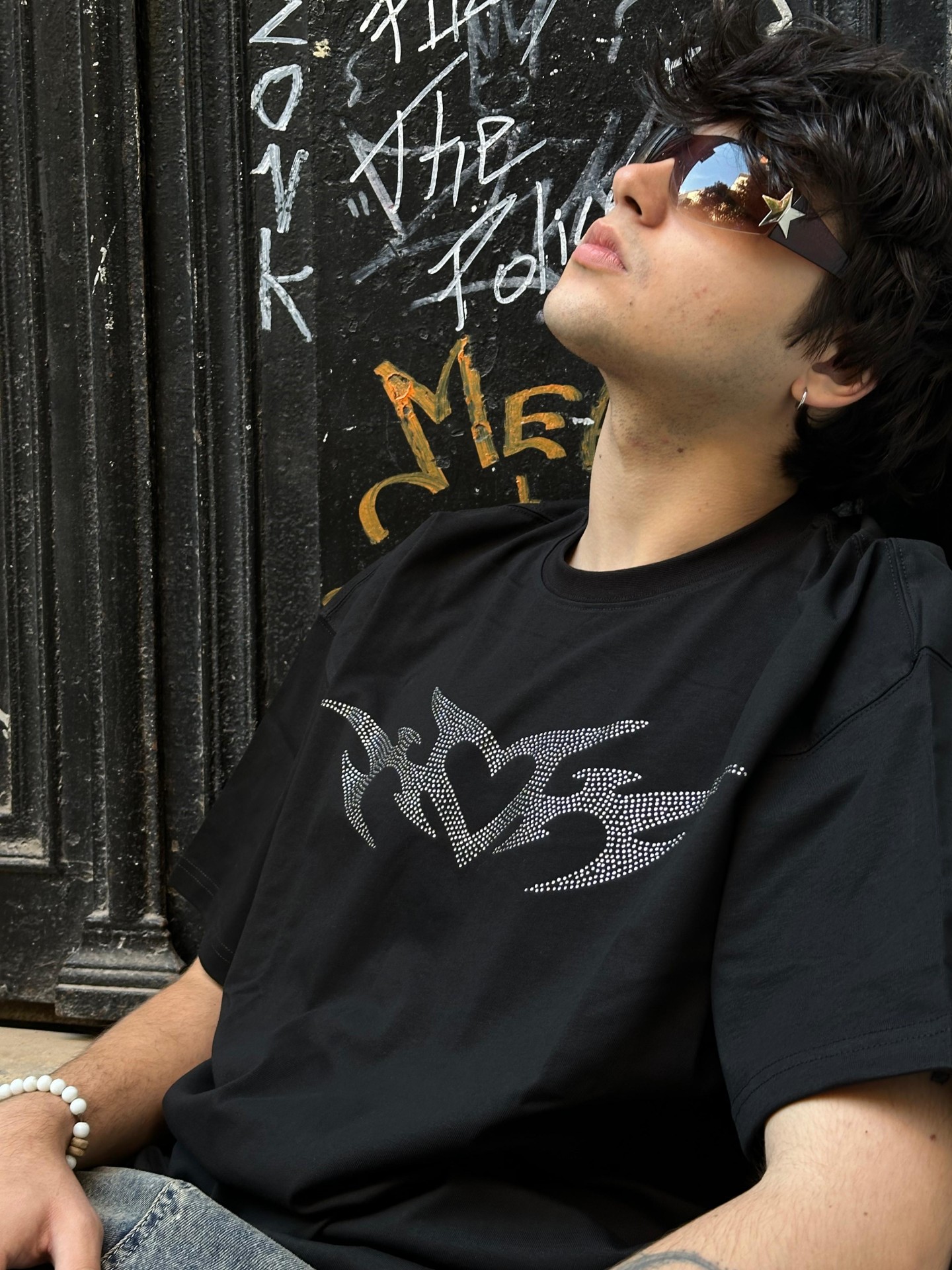 Heart Fly Taş Detail Black T-shirt 