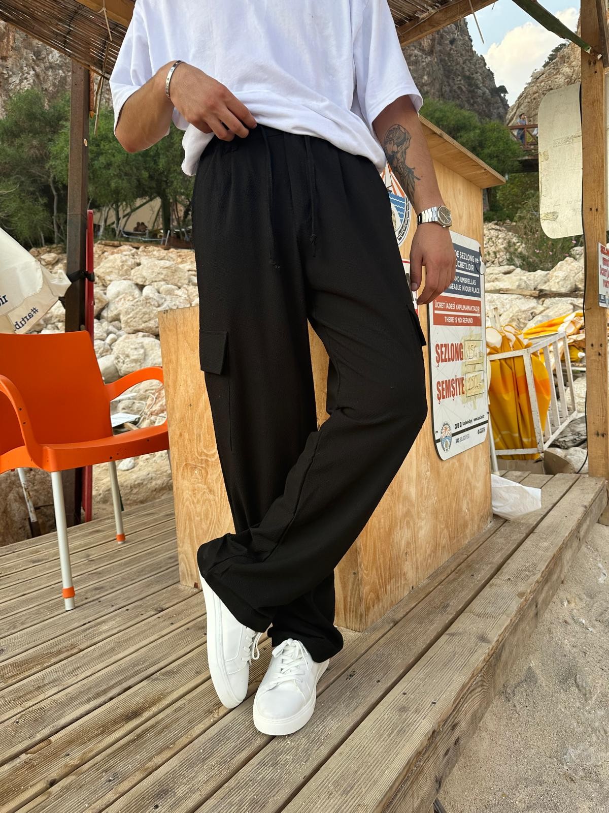 Kargo Cepli Gofre Kumaş Black Pantolon