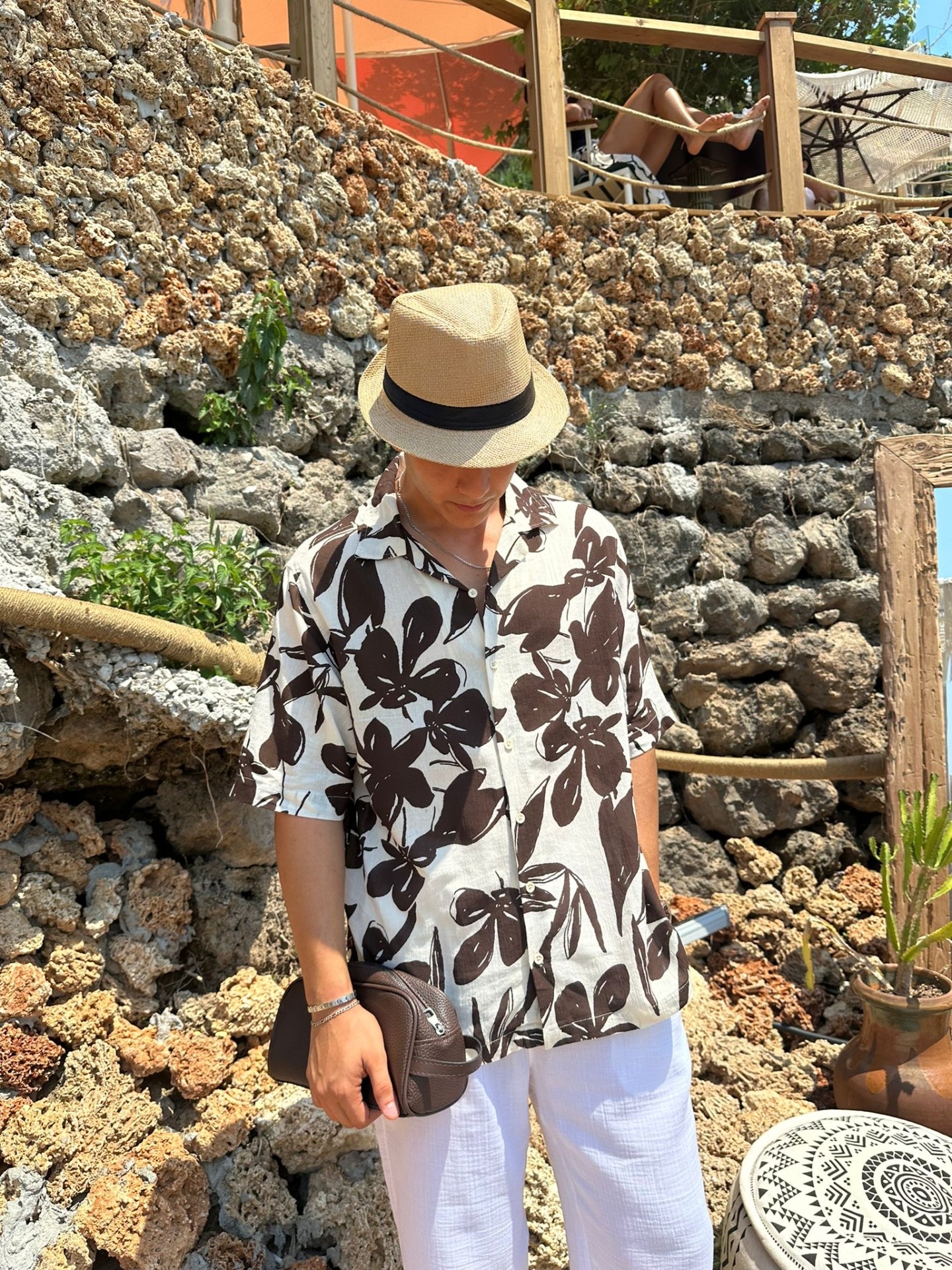 Yaprak Desenli Kahverengi Oversize Gömlek