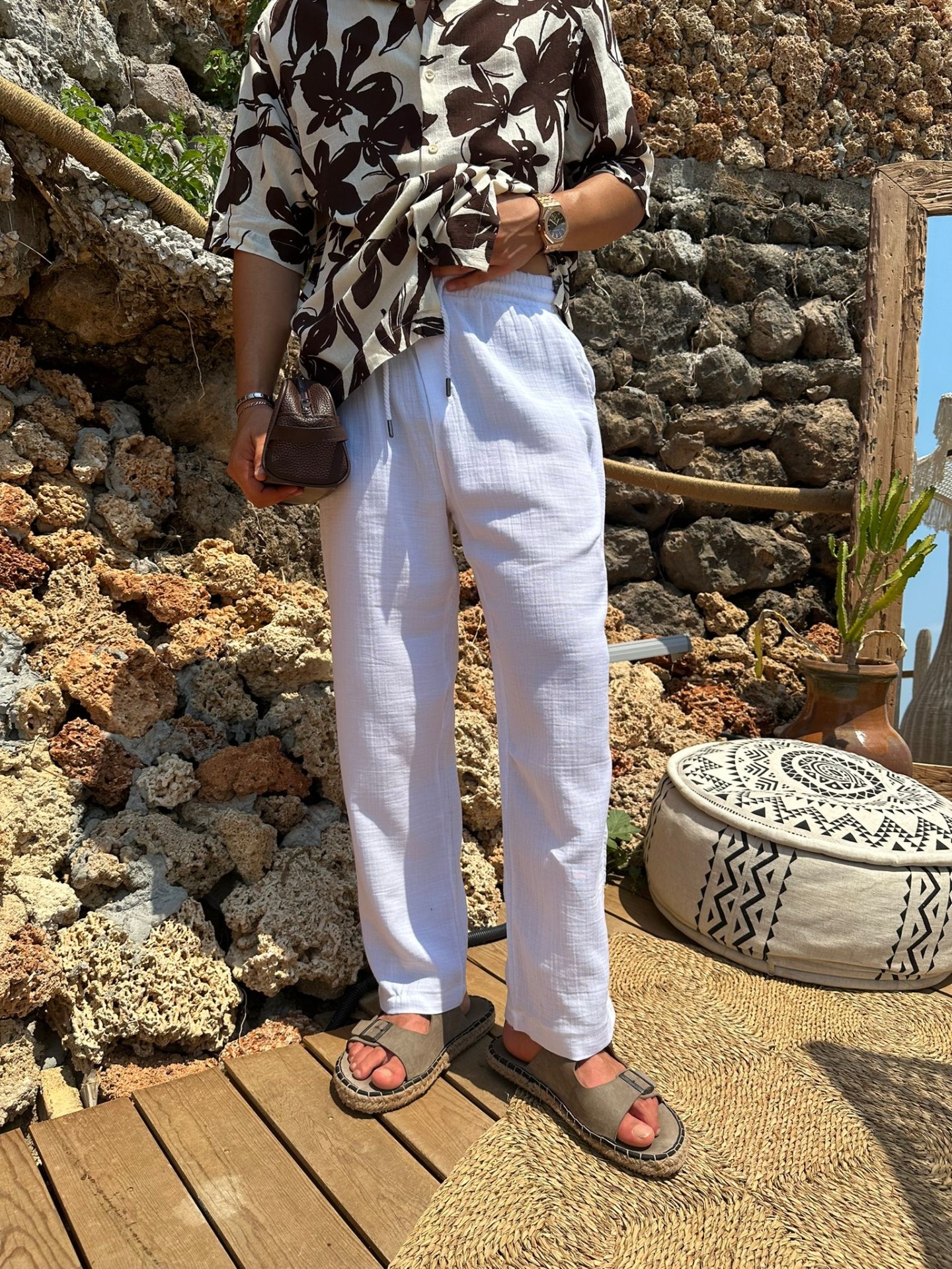 Müslim Kumaş Beyaz Keten Pantolon