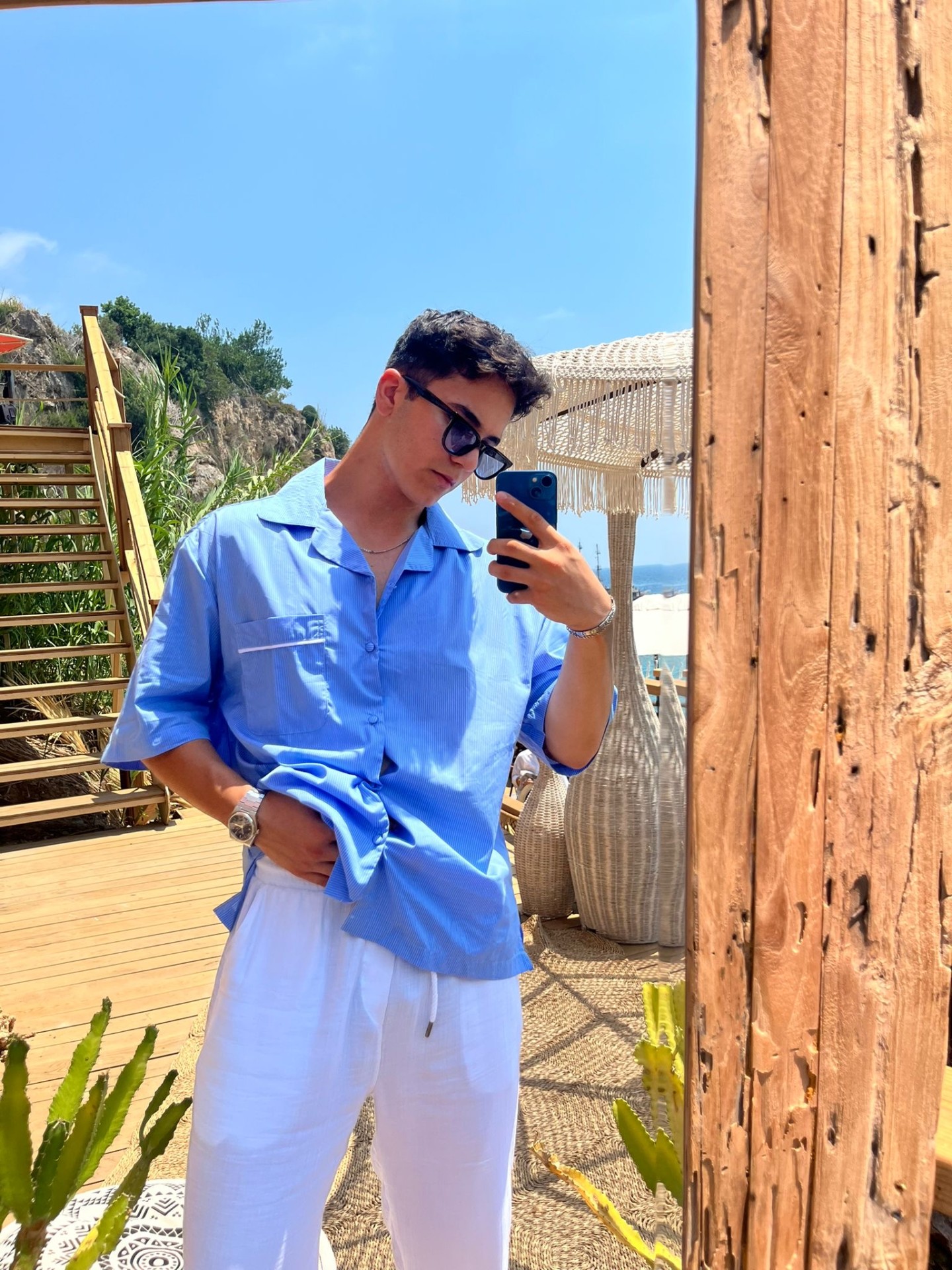 Cep Detay Bebek Mavisi Çizgili Oversize Gömlek