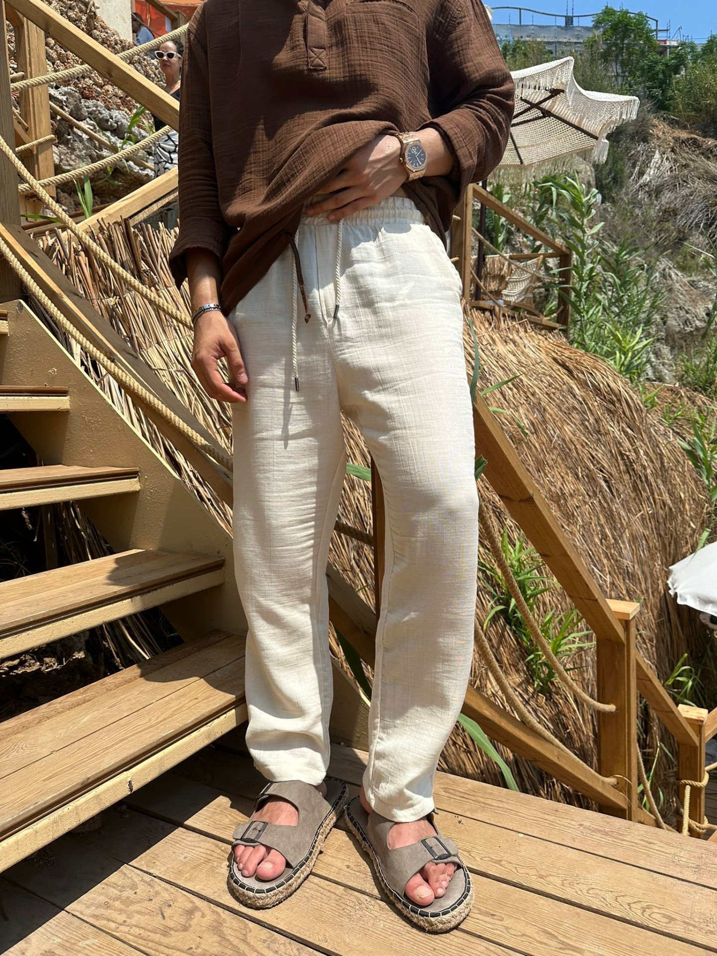 Müslim Kumaş Bej Keten Pantolon