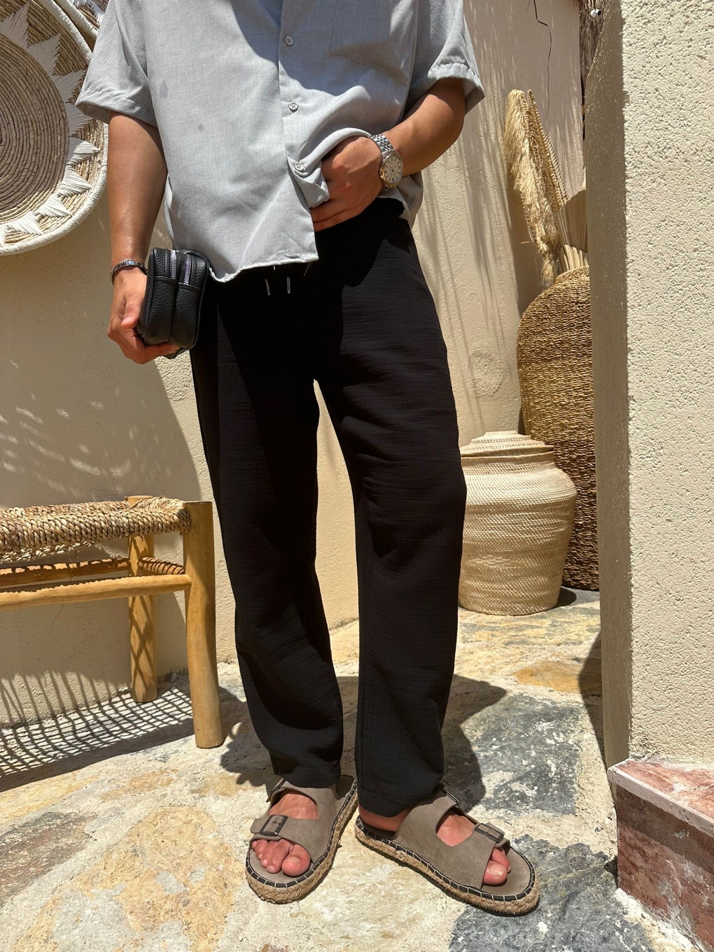 Müslim Kumaş Siyah Keten Pantolon