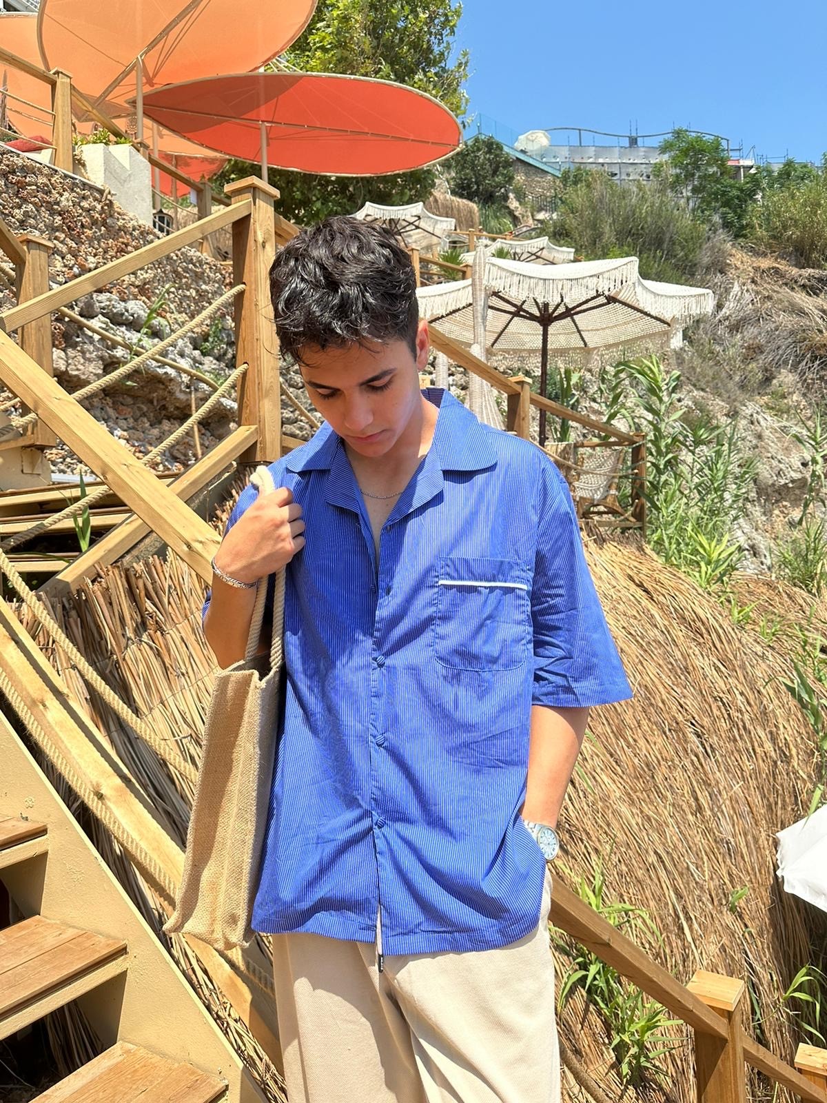 Cep Detay Mavi Beyaz Çizgili Oversize Gömlek