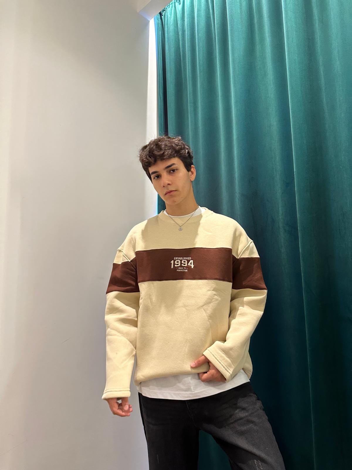 1994 Parçalı Oversize Bej Sweatshirt