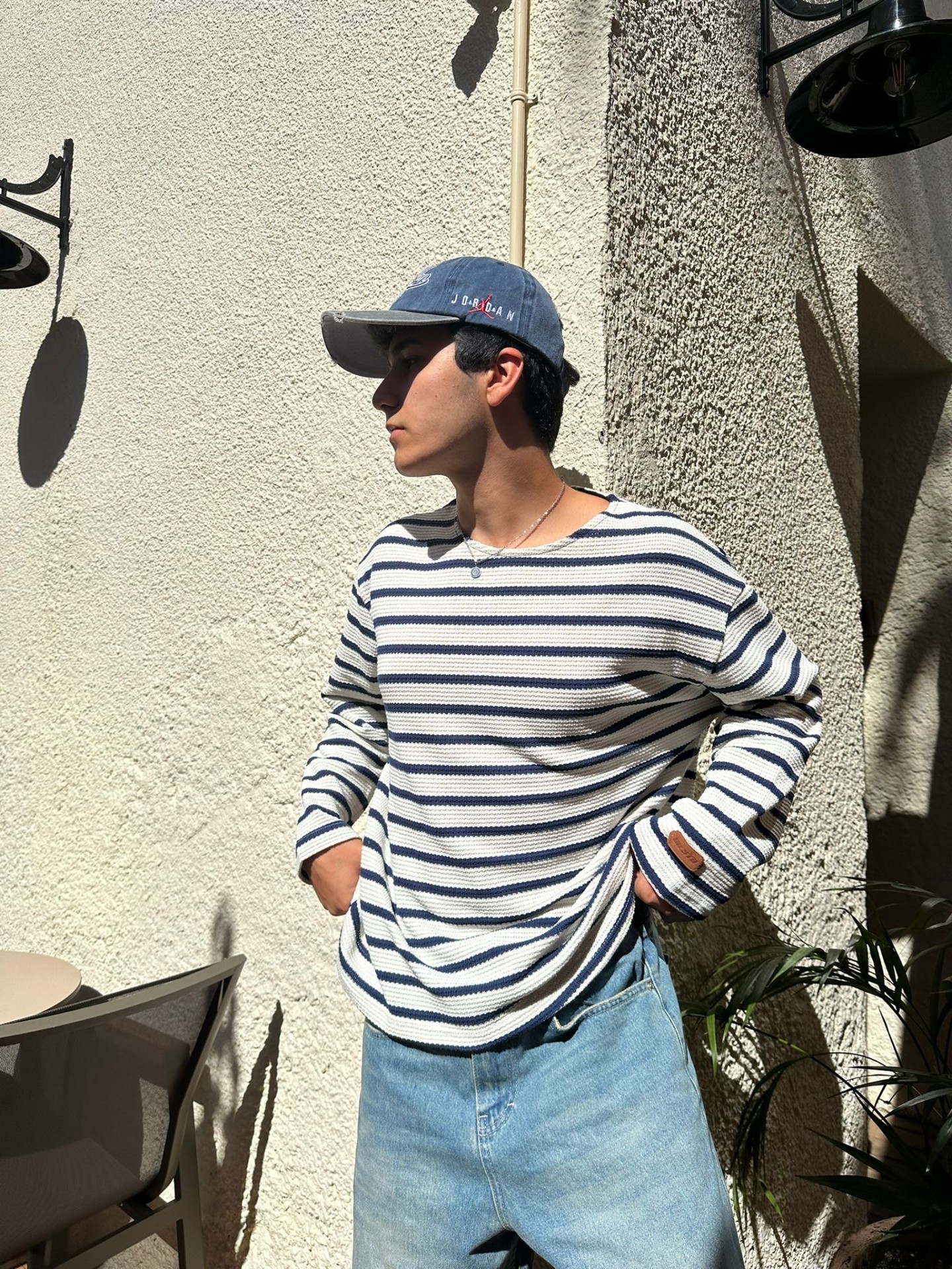 Çizgili Örme Desenli Lacivert Sweat