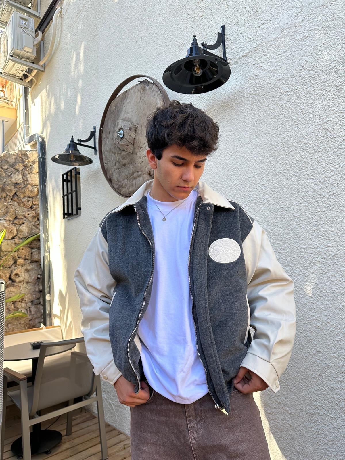 Moskova Beyaz Antrasit Bomber Kaşe Deri Ceket