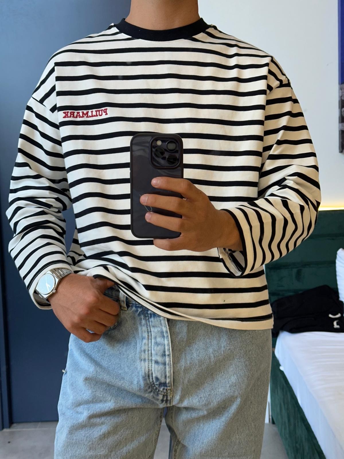 Çizgili Siyah Beyaz Long Sleeve Sweat