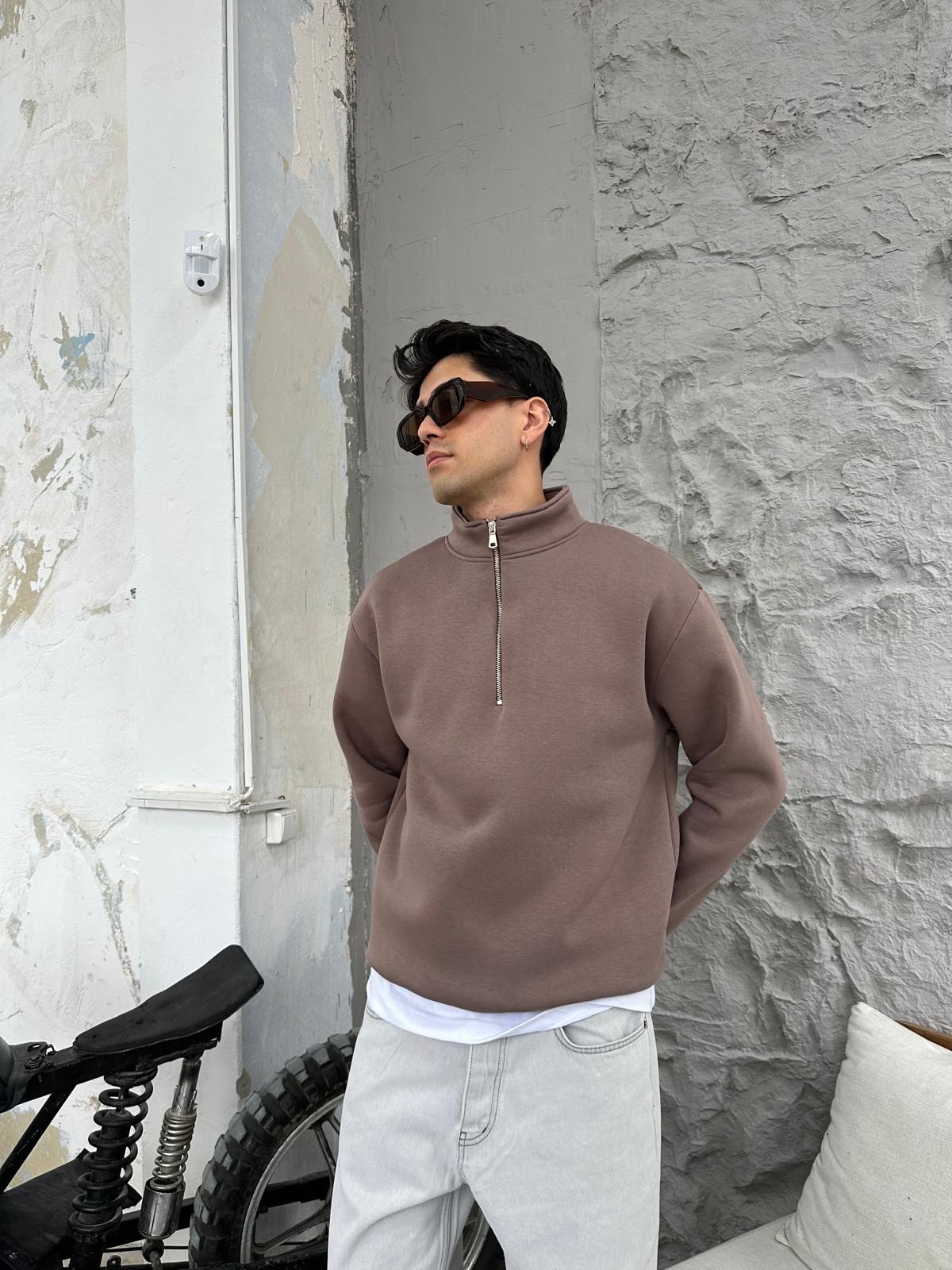 Kahve Oversize Basic Half-Zip
