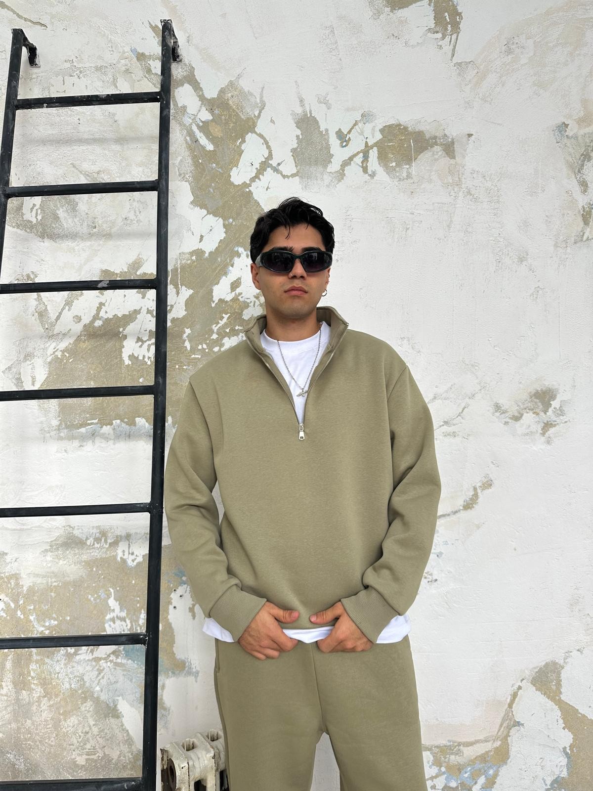 Küf Yeşili Oversize Basic Half-Zip