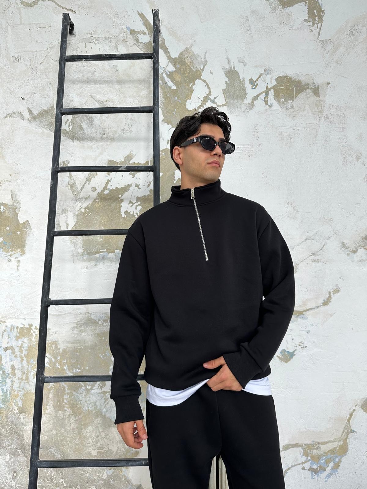 Siyah Oversize Basic Half-Zip